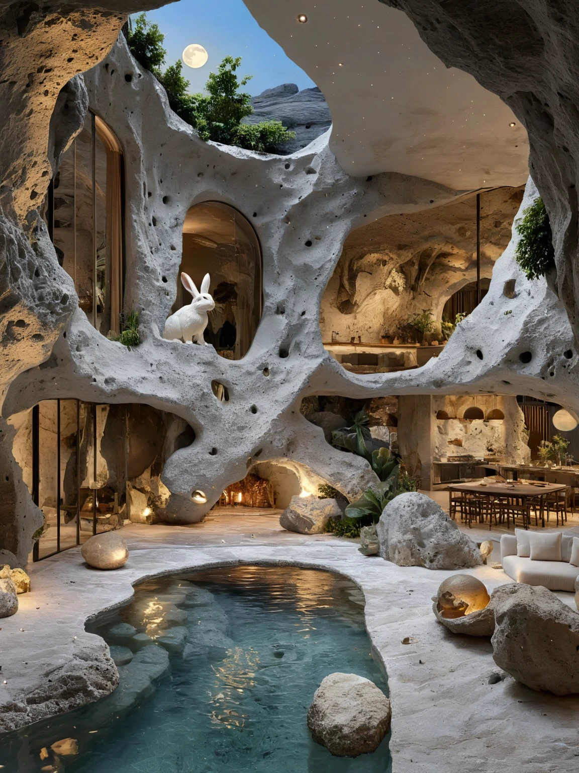 <lora:JJsCaveHouse_XL:1>, ((Cave House)),  masterpiece, best quality, mountain , building, no humans, (indoors), plant, scenery, ((night sky)), tree,  center composition,  golden hour, ceiling light, rock, glass, water, ((moon)), ((giant rabbit statue)),