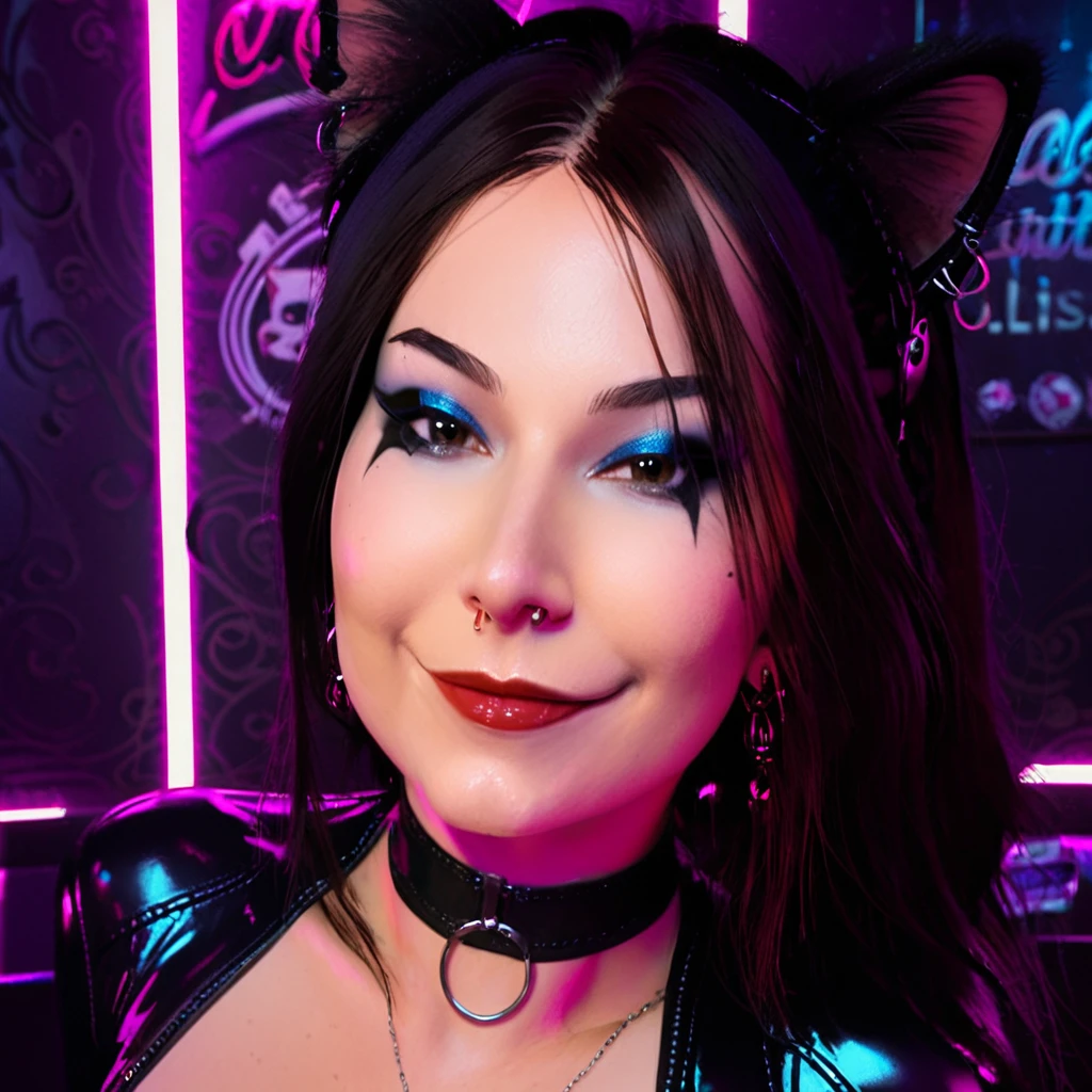 core_9, score_8_up, score_7_up, 

choker, looking at viewer, gothic makeup, huge tits, thick, catsuit, fully dressed, 

detailed background, nightclub, neon, smile, 