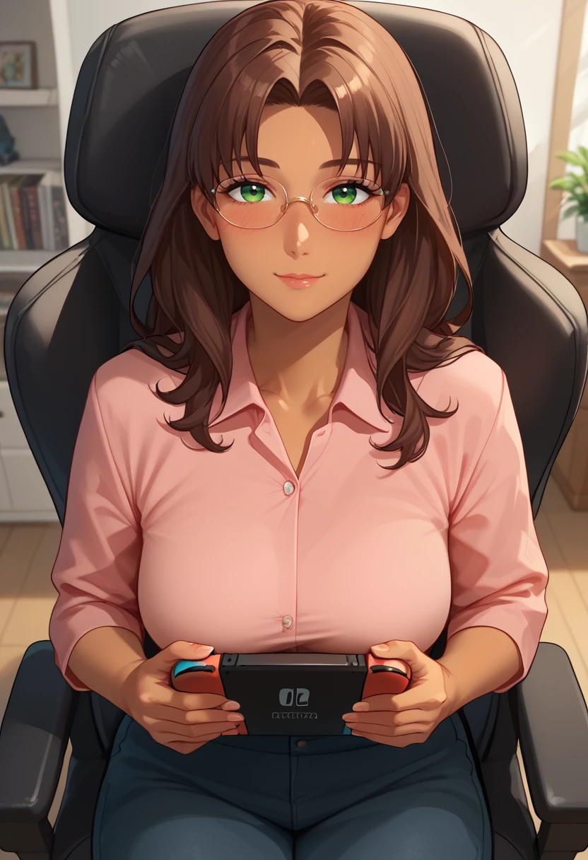 score_9, score_8_up, score_7_up,
best quality, masterpiece, ultra detailed,
<lora:Expressive_H:1>, (blush:1.5), (light smile:1.3), closed mouth,
looking at viewer, sitting in the gamer chair,
mature girl,
<lora:Everlasting_Summer_Olga_by_GraffMetal_V2.4:0.7>, olga, long hair, brown hair, green eyes, bangs, parted bangs, straight hair, tan skin, dark skin, solo, medium breasts,
circle glasses, holding a nintendo switch, pink outfit, cozy,
amazing background,
<lora:Everlasting_Summer_Vanilla_Art_Style_by_GraffMetal:1>,