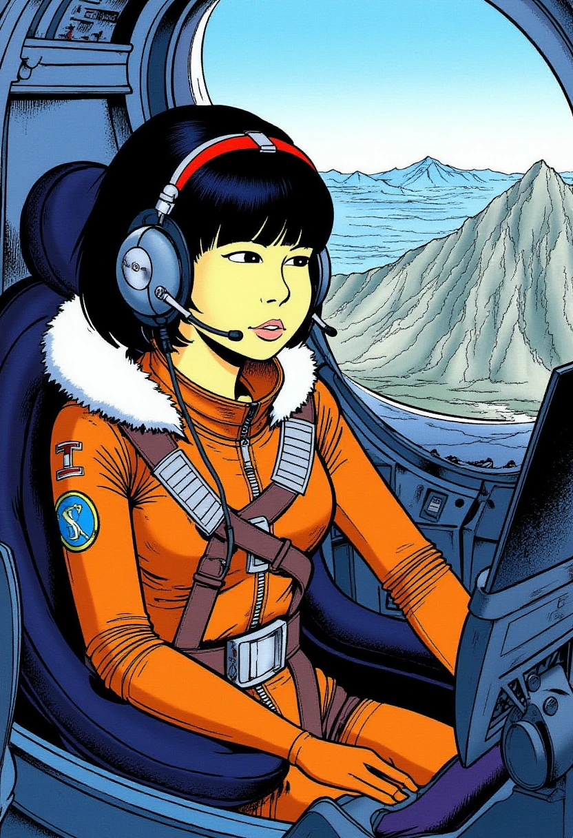 The image shows Yoko Tsuno <lora:yoko_flux_v5:1>, sitting in the cockpit of a fighter jet. She is wearing a leather flight suit with fur trim and a blue and white emblem on the left side of her chest and a pair of headphones on her head. She has short black hair and is looking out the window at the mountains in the background. The cockpit is filled with various controls and instruments including a control panel a display screen and a joystick. The woman appears to be focused on her work. The image has a  dynamic and energetic feel. The image is from a 1990s graphic novel with sharp lines made with traditional media.