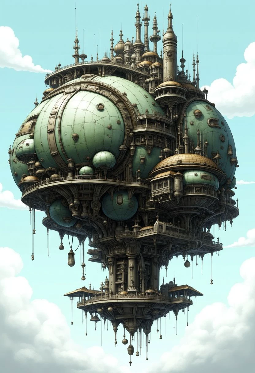 This is a detailed, highly detailed digital illustration of a fantastical, steampunk-style airship. The airship is a massive, bulbous structure with a predominantly greenish-grey hull, covered in intricate, ornate detailing. It resembles a floating city, with numerous smaller structures and platforms attached to its body, giving it a chaotic, yet harmonious appearance.
<lora:Wasteland City Flux:1>