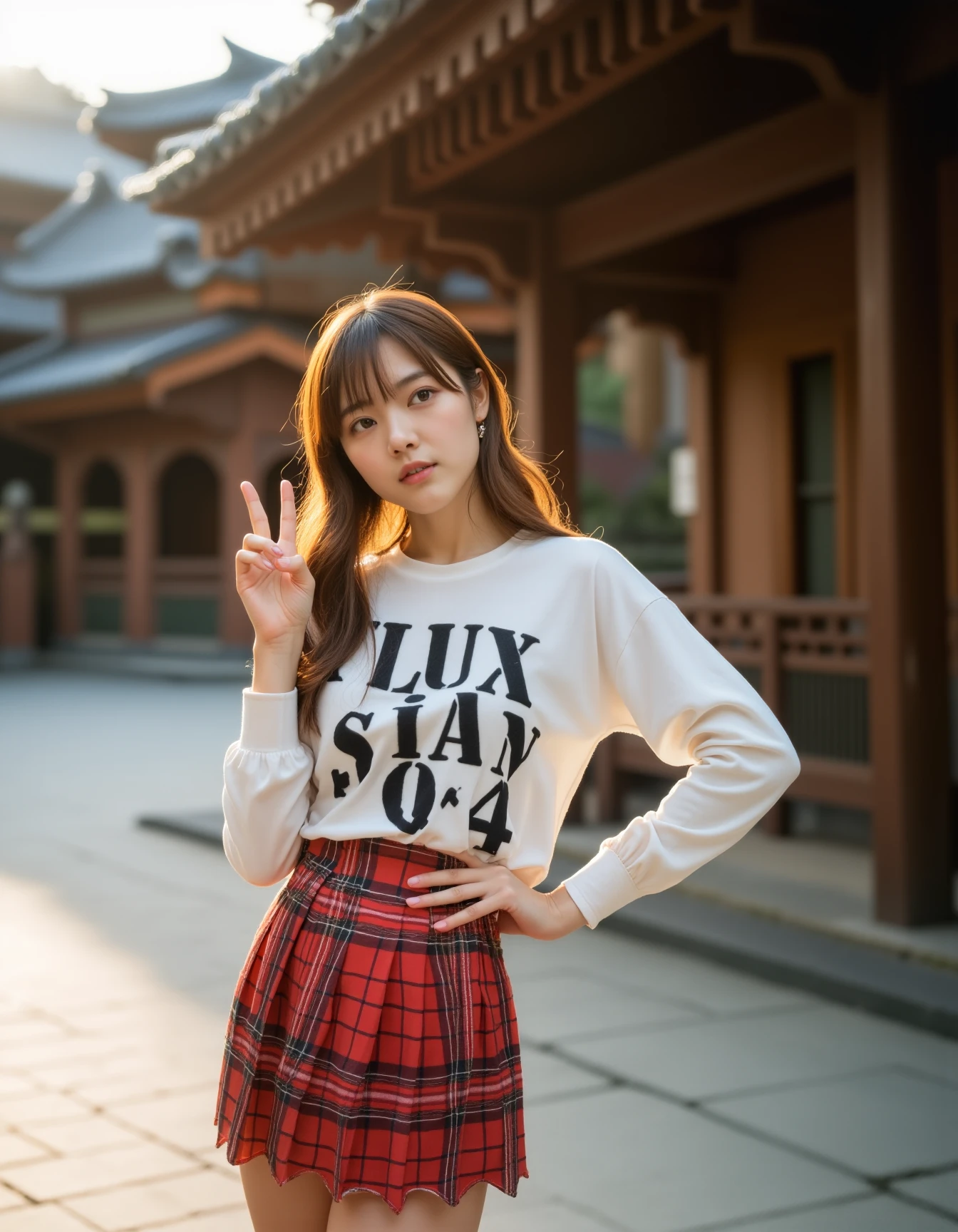 A photograph of an incredibly beautiful 18-year-old girl with long, stylish gradient brown hair, standing confidently at a street during daylight. She is wearing a shirt painted "FLUX ASIAN Q4" in boldly and large, readable lettering, making the message stand out clearly. Her hand posing V symbol to viewer. Her outfit includes a red plaid pleated mini skirt that adds a touch of youthful energy and vibrancy to her look, complementing the serene and historic backdrop of the temple. The natural light highlights her confident posture and elegant features, while the traditional architecture of the temple, with its wooden beams and intricate design, contrasts beautifully with her modern, stylish appearance. The atmosphere is serene, with the warm sunlight casting soft shadows and enhancing the overall balance between youthfulness and cultural heritage in the composition