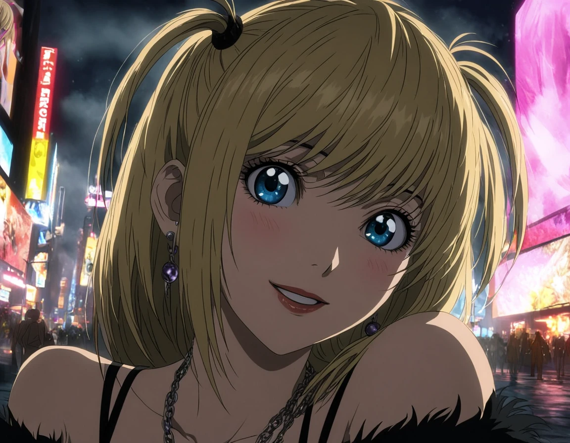 1girl, portrait of Misa Amane, death note, Modern Anime, adult female, From Death Note anime, best quality, 8K, DSLR quality, Bloom Lighting, Good Face, Beautiful Face, Slim, highly detailed,  glow, extreme details, fog, smoke, blond hair, full body, happy, smile, perfect eyes, <lora:perfect-eyes:1>, perfecteyes, eyes reflection, detailed eyes, upper body, hdr quality, full of color, smoke, cinematic, night, moon light, 2010s, windy, hair swaying in wind, purple nail polish, nigh time, blue eyes, grainy, chromatic aberration, adult woman, Depth of field effect, uwu, cute, blush, perfecteyes, eyes reflection, detailed eyes, upper body, shy smile, hdr quality, hands doing cute pose, full of color, smoke, cinematic, in city, times square, no crowd, <lora:misa_amane-step00000862:1>