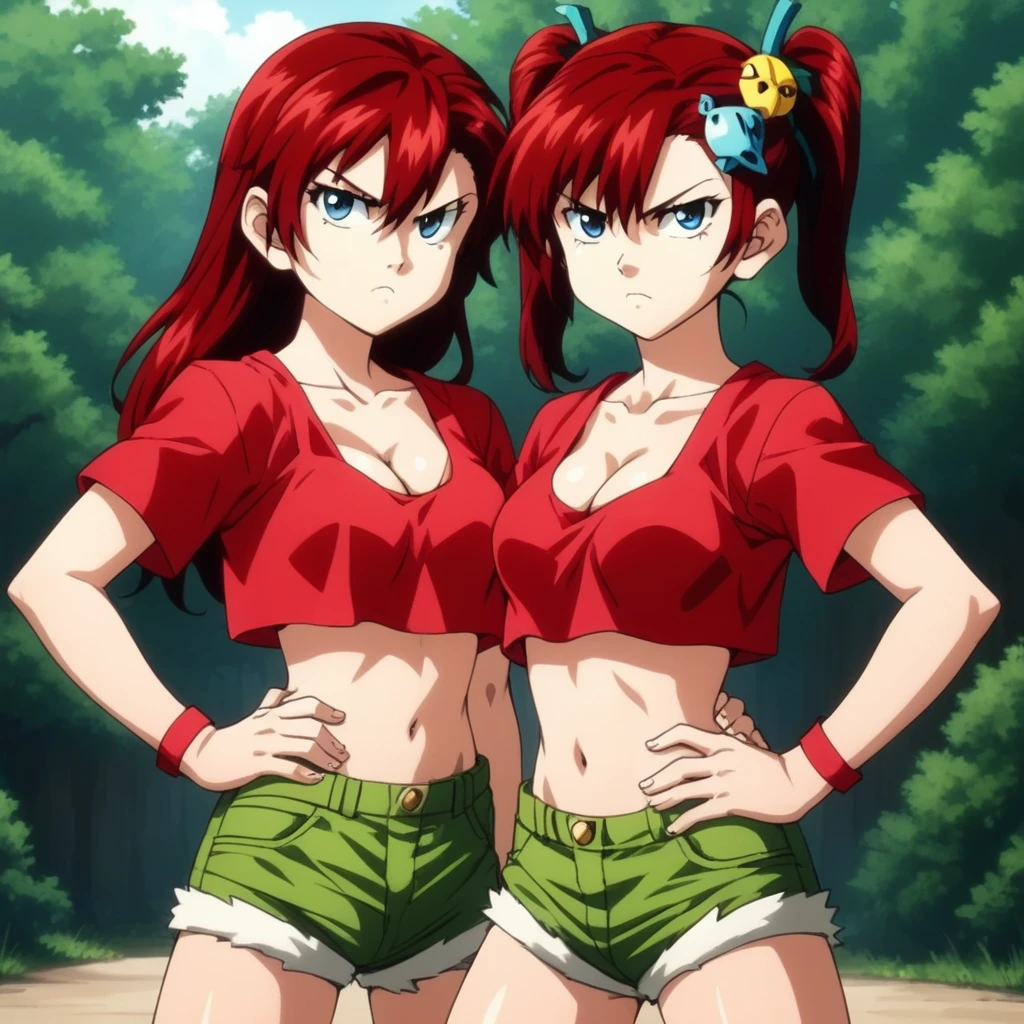 young Adult, midriff, toned arms, smug, abs, fingerless gloves, skirt, , riding boots, superhuman, smug, rhyme, long red hair