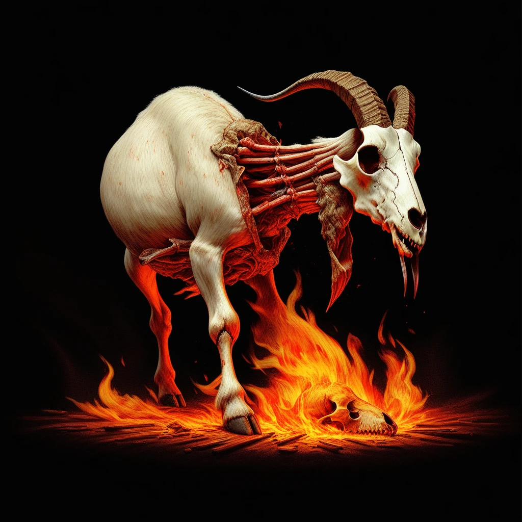 tail, hood up, animal, no humans, fire, simple background, goat skull, fish