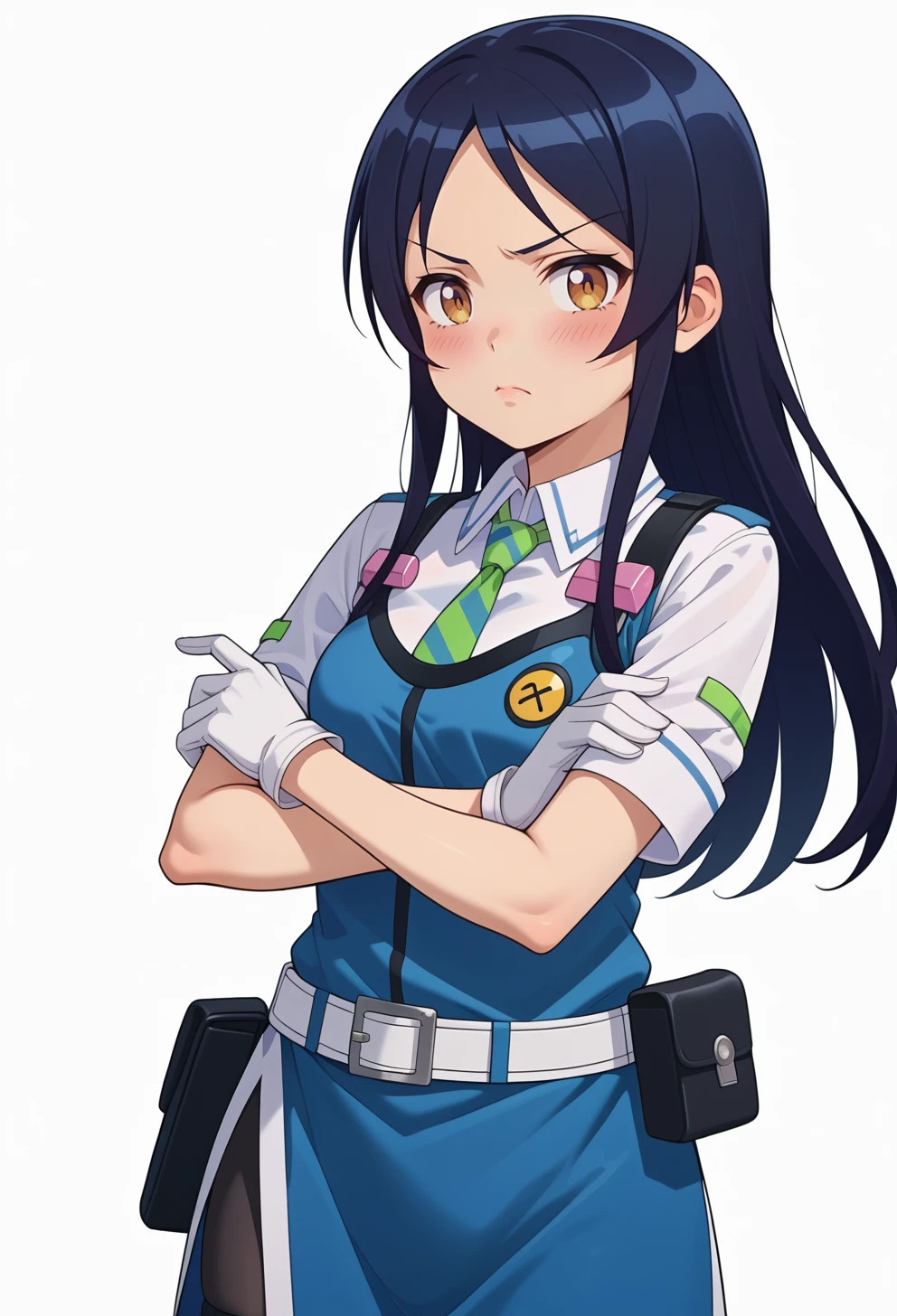 score_9, score_7_up, source_anime, BREAK <lora:AESita:0.7> AESita, brown eyes, black hair, long hair, parted bangs, blue dress, green necktie, collared shirt, short sleeves, white shirt, white gloves, holster, walkie-talkie, belt, black pantyhose, thigh strap, portrait, crossed arms, blush, pout, ore no imouto ga konna ni kawaii wake ga nai, solo, white background,