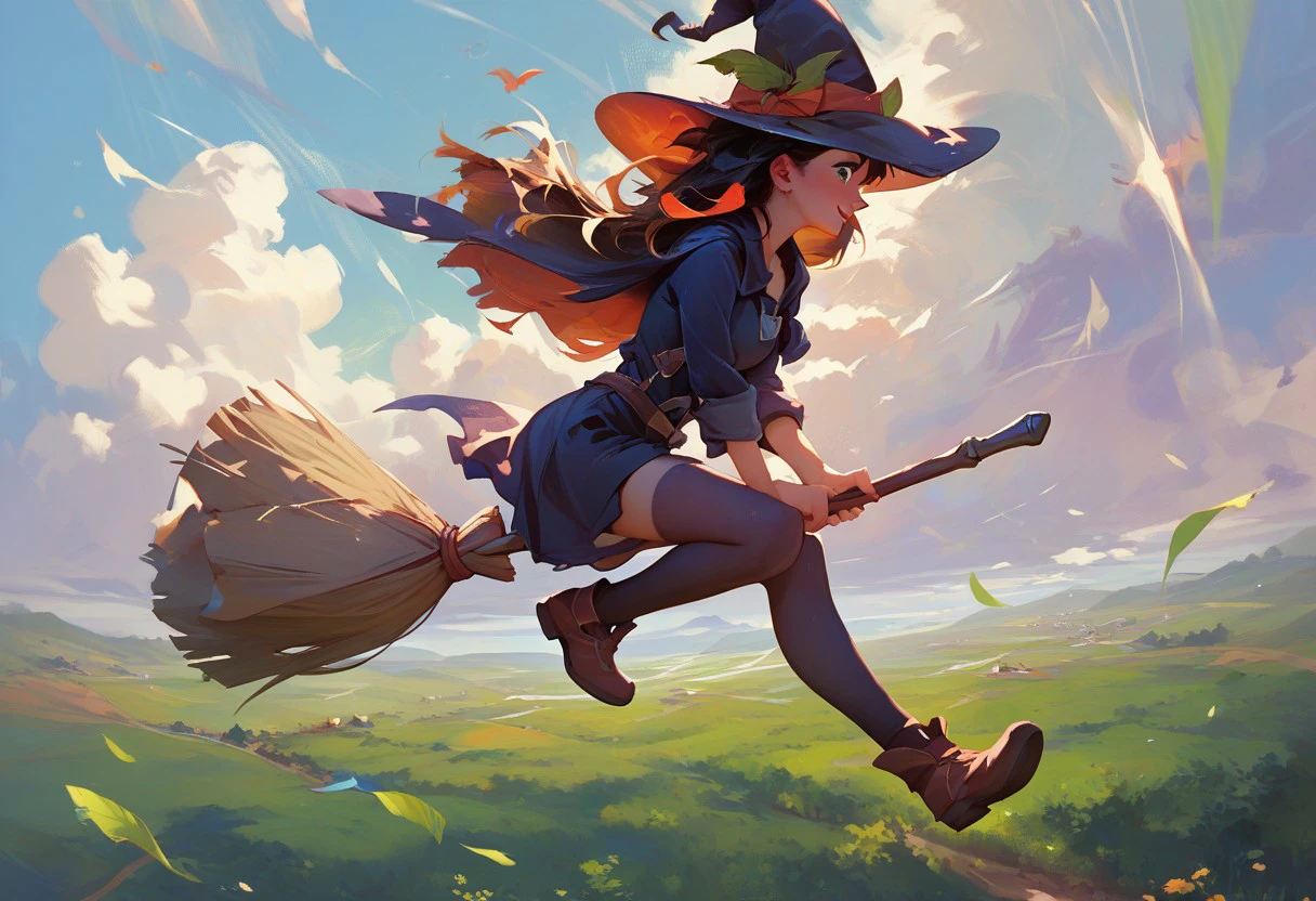 score_9, score_8_up, score_7_up, score_6_up, score_5_up, colourful, 8k, detailed face, 1girl, solo, witch, hat, r1dingbroom, riding broom, broom, day, sky, flying, speed, wind, fields, close-up,