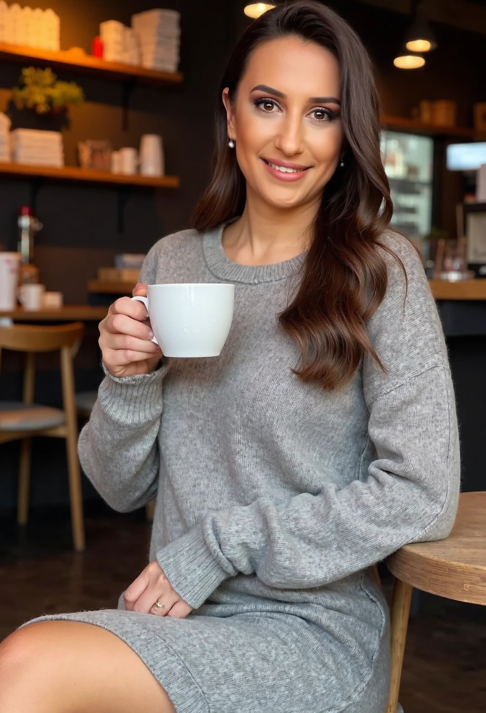 Subject=Image Prompt=Photograph of GozdeSeker sitting in a coffee shop, holding a cup of coffee. She is wearing a sweater dress.
GozdeSeker, wearing a gray sweater dress, coffee shop, coffee cup, makeup