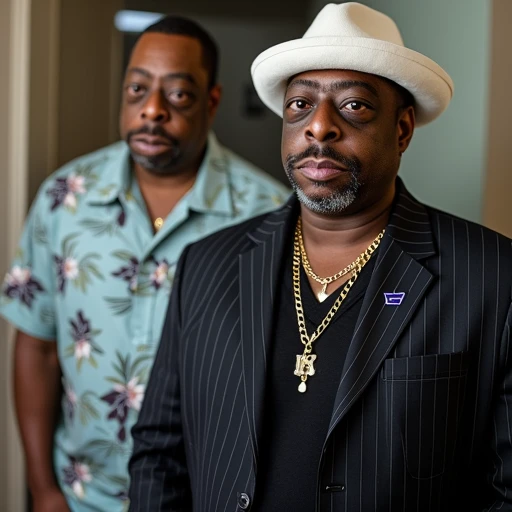 black canvas with subtle speckles. The man has a medium-dark skin tone, and a black undershirt. He is wearing multiple gold chains around his neck, male focus This image is a photograph of a man standing in what appears to be a radio studio. The man is dressed in a dark pinstriped suit and a white shirt, with a muscular build, possibly a room with light-colored walls and a door visible on the left side. The man on the left is dressed in a light blue Hawaiian shirt with a subtle palm tree pattern, animal on head This photograph captures a striking, stylized purple and pink letters at the top, gazing directly at the camera. His hair is short and dark, with a serious look on his face. The cat, photorealistic 3D-rendered portraits of the same man. Both images are rendered in a hyper-realistic style, hat The image is a photograph depicting an elderly man wearing a white