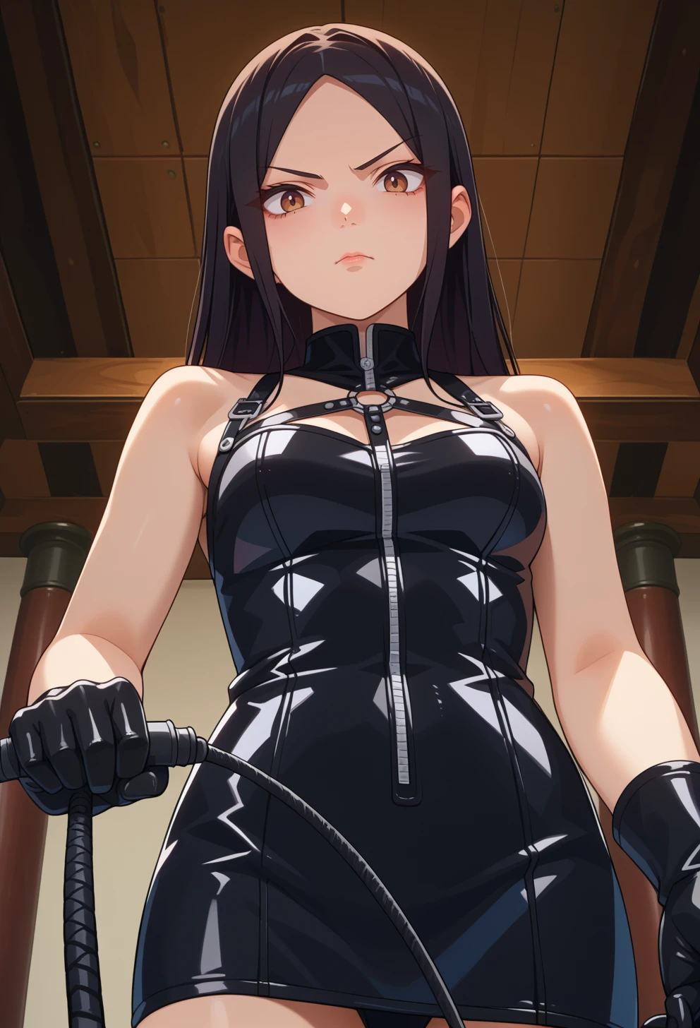 score_9, score_7_up, source_anime, BREAK <lora:AESita:0.7> AESita, brown eyes, black hair, long hair, parted bangs, taut clothes, leather gloves, leather_dress, dominatrix, bondage outfit, femdom, holding whip, solo, pov, annoyed, trample, from below, sole,