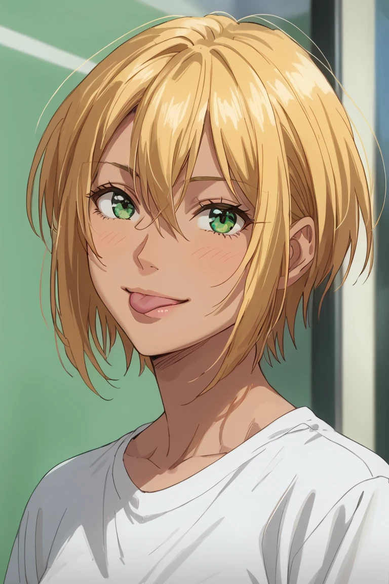 score_9, score_8_up, score_7_up, source_anime, rating_safe, female focus, FShionKG, blonde_FShion_female hair, green_FShion_female eyes, shirt, smile, tongue out, 1girl, anime screencap, portrait, looking at viewer