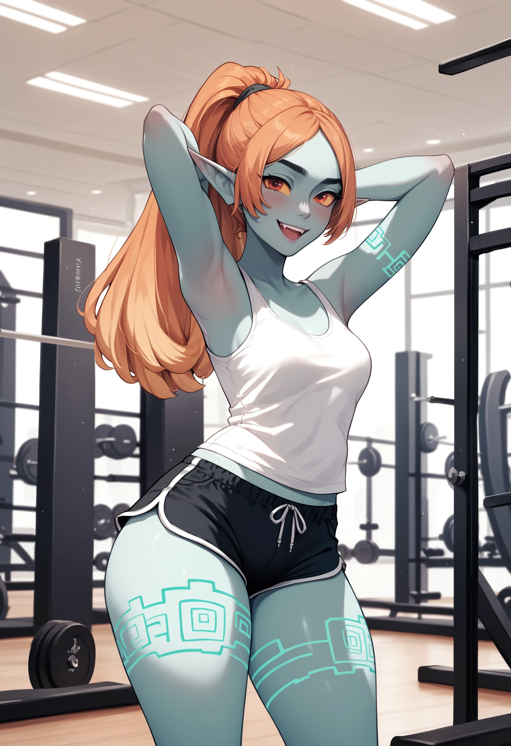 zPDXL3, score_9, score_8_up, score_7_up, score_6_up, score_5_up, score_4_up, 
1girl, solo, medium breasts, thick thighs, eyeliner, 
happy, arms behind head,
white tank top, gym shorts,
gym,
<lora:LZTP - Midna (True Form) v1:0.6> tpmidina, midna,