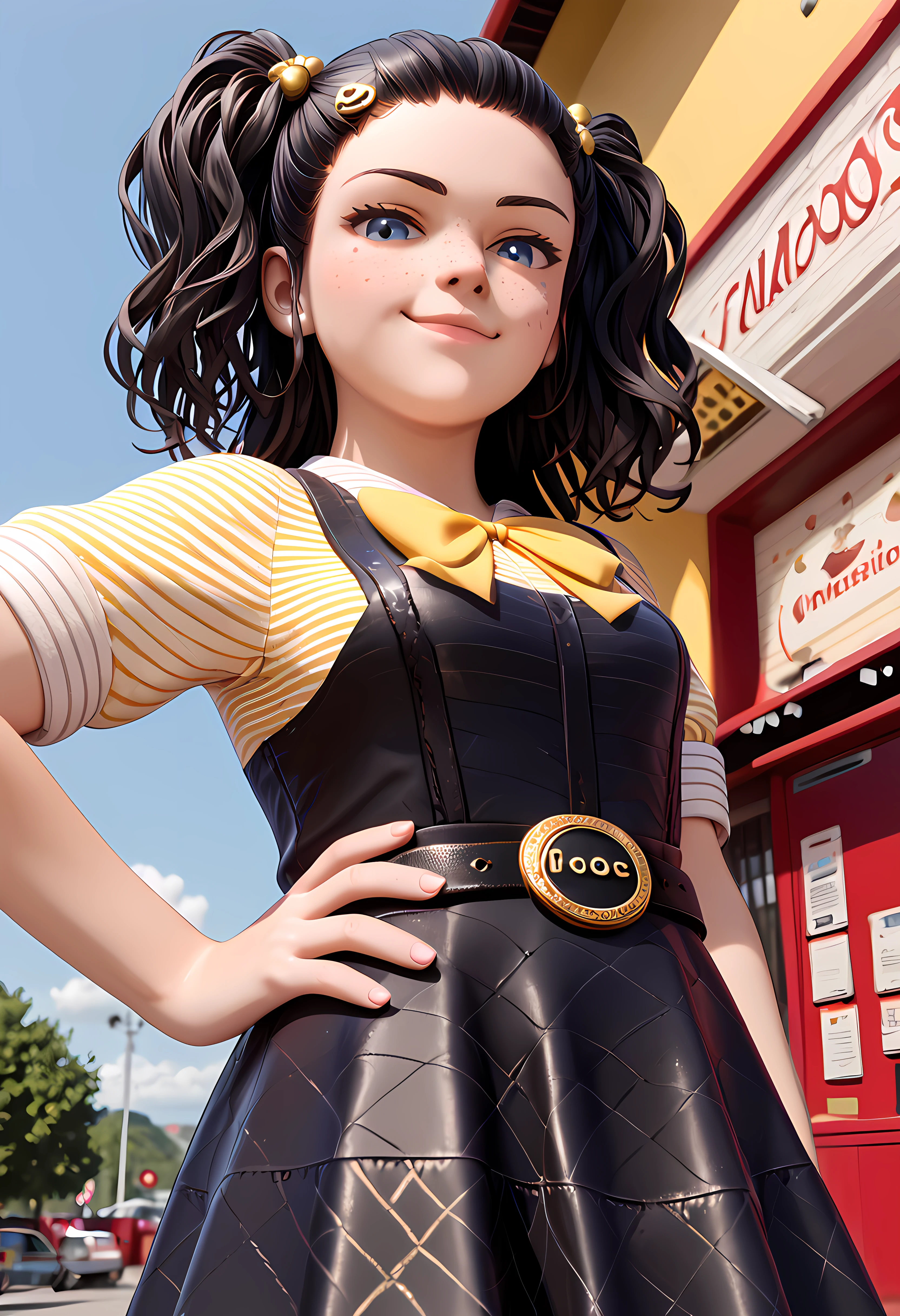 score_9, score_8_up, score_7_up,(masterpiece), (best quality), (ultra-detailed), (solo), 1girl, (extremely delicate and beautiful fabric), (beautiful detailed sky), beautiful details in the wind, pizzeria background,, cassidy ,,black hair, 3d female,  hair pin, 1girl, solo, freckles, striped, black hair, shirt, looking at viewer, bow, twintails, belt,yellow clothes,,freckled face,hand on hip, <lora:cassidy_pony:0.7>face focus,black skirt,,from below,black belts,, (portrai shot, upper body), (portrai shot, upper body),cinematic lighting, dark, high resolution, 2k resolution:1.0, detailed background, 1girl,  very small girl, , casual clothes, (size differense:1.2), smug face,  tall male, selfie photo,hand on hip,