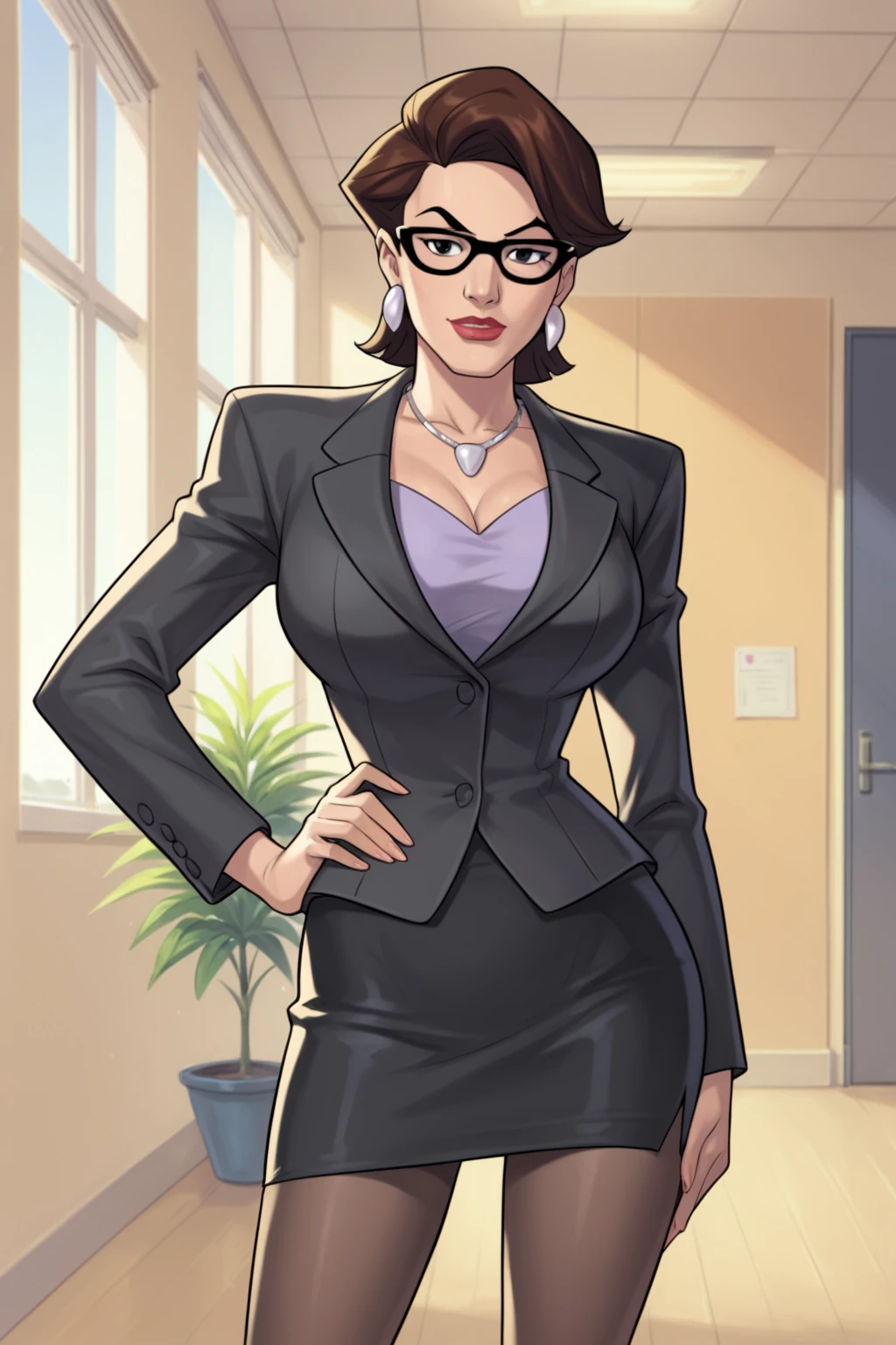 PonyXLV6_Scores BREAK (((parody)), perfect anatomy, perfect eyes, cowboy shot), <lora:add_details_xl:0.8> BREAK <lora:Mystique:0.7> raven darkholme, black eyes, lipstick, flirting, raised eyebrow, ((looking at viewer)), principal, brown hair, glasses, formal, jewelry, necklace, earrings, suit, jacket, pencil skirt, pantyhose, curvy, toned, athletic, large breasts, standing, hands on hip, in luxurious office