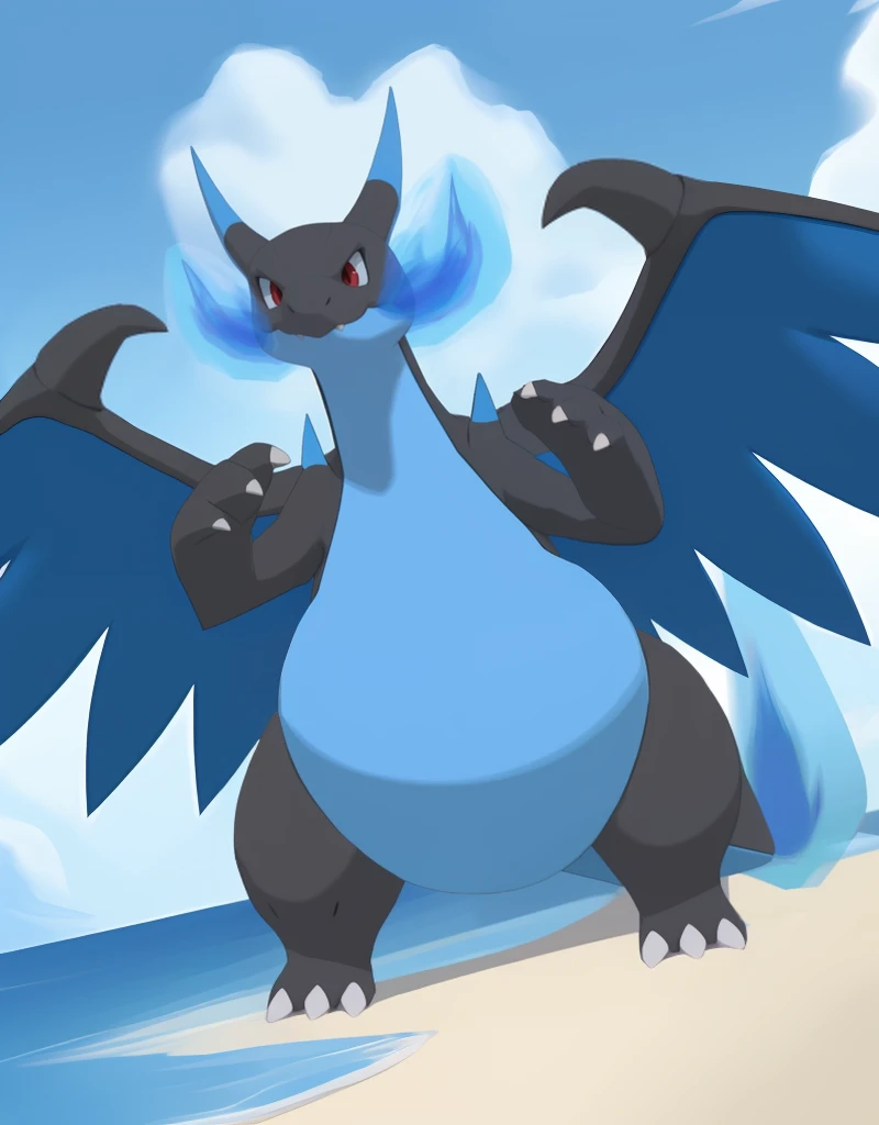 (((detailed eyes, detailed face))), (feral, normal megacharizardx <lora:character_charizard_megax_findigo_v1:1>, pokemon, black skin, blue belly, blue wings, blue horns, red eyes, flame-tipped tail, claws, ((white sclera))), male, (solo), (plump, fat, chubby, overweight), (nude), (kicking), dynamic pose, smile, (front view) BREAK (konzaburou, ukan_muri), beach, (flat shading, flat color, high brightness), 8k, UHD, masterpiece, (full body), (flame-tipped tail, blue flame), (((wings)))