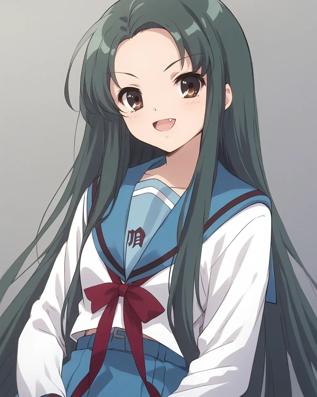 score_9,score_8_up,score_7_up,best quality, 4k, rating_safe, very aesthetic, source_anime,1girl,
<lora:Tsuruya:1>,tsuruyaAA,brown eyes,green hair,very long hair,fang,blue sailor collar,kita high school uniform,school uniform,serafuku,blue skirt,long sleeves,ribbon,
looking at viewer,
dynamic angle,upper body,,