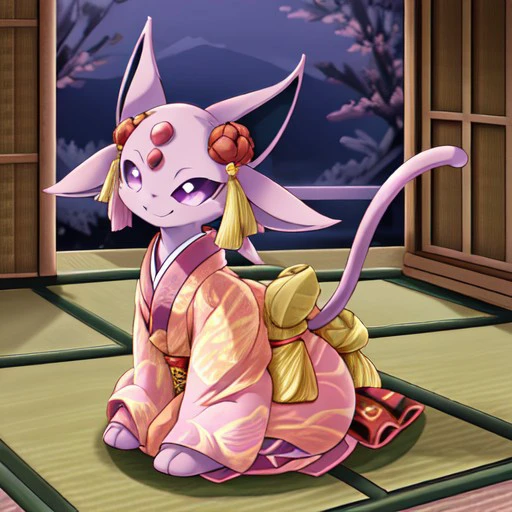 happy, cute, espeon, kimono, outfit, chibi,  sitting down, smiling, night time, feral, on all fours