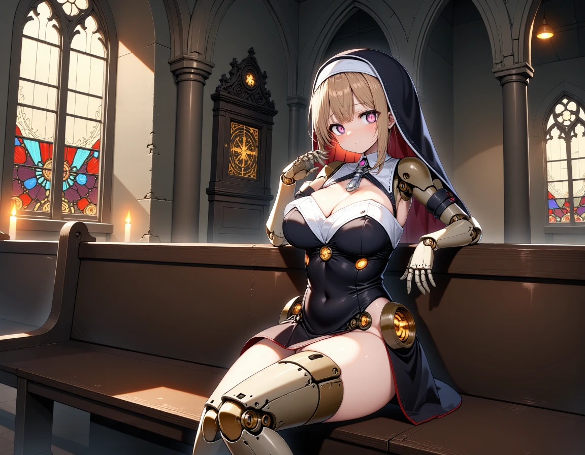 mechashoujo,mecha musume, mechanical_limbs,mechanical parts,exposed_circuits, robot joints,covered nipples,covered_breasts
sfw,
A cute anime-style mecha girl, close-up,
In the shadowy interior of a gothic church, a woman dressed in a daringly modified nun's outfit strikes a flirtatious pose, her demeanor a stark contrast to the sacred surroundings. Her appearance and attitude create a provocative juxtaposition against the solemn church backdrop.
Character Details:
- Voluptuous figure with a notably large bust, accentuated by her attire.
- Playful expression featuring a mischievous smirk and a deliberate wink.
- Long eyelashes and subtly applied makeup enhancing her alluring gaze.
- Hair partially visible beneath her modified habit, possibly a vibrant or unnatural color.
Attire:
- A revealing adaptation of a traditional nun's habit:
- Plunging neckline that exposes significant cleavage.
- High hemline showing more leg than a standard habit.
- Form-fitting design that emphasizes her curves.
- Possibly with strategic cutouts or sheer panels for added allure.
- Traditional elements like a cross necklace or rosary beads used as provocative accessories.
Pose and Attitude:
- Leaning casually against a wooden pew, one hip cocked to emphasize her figure.
- One hand might be playfully adjusting her habit or toying with her necklace.
- Legs crossed or positioned to accentuate their length and shape.
- Her body language exudes confidence and flirtatiousness.
Gothic Church Setting:
- Towering stone arches and elaborate architectural details.
- Large, ornate stained glass windows casting colorful light patterns.
- Flickering candles creating dynamic shadows and a mysterious atmosphere.
- Rows of wooden pews, some possibly draped with cloth or adorned with carvings.
- Altar or religious iconography visible in the background, contrasting with the character's behavior.
Lighting and Atmosphere:
- Dramatic lighting from the stained glass windows and candles.
- Shadows playing across the character's face and figure, enhancing the sense of mystery and allure.
- A beam of light might be strategically placed to highlight her figure or expression.
Style: Blend realistic digital art with elements of gothic aesthetics and pin-up style. Use a rich color palette that contrasts the dark, muted tones of the church interior with the vibrant, warm tones of the character. Focus on the tension between the sacred setting and the character's provocative presence. The overall mood should be one of playful sacrilege, with an emphasis on the character's confident sensuality in contrast to her surroundings.
 <lora:mechagirl_kenzen_v2:1>