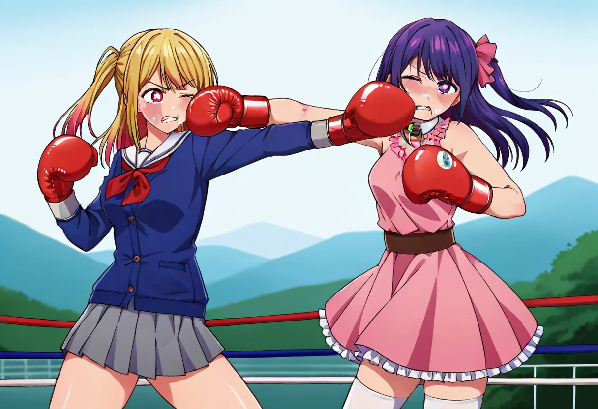 boxing gloves, red boxing gloves,  <lora:girlsboxingmatchlorapony7:0.4> gbmatch, cowboy shot, score_9, score_8_up, score_7_up, source_anime, 2girls, outdoors, landscape, (punching:1.1), standing, (from side:0.8), bruise on face, one eye closed, clenched teeth, BREAK
rubyhoshino, <lora:ruby-hoshino-ponyxl-lora-nochekaiser:0.5>,
ruby hoshino, long hair, bangs, blonde hair, pink eyes, sidelocks, symbol-shaped pupils, multicolored hair, two-tone hair,
side ponytail, long sleeves, school uniform, serafuku, sailor collar, neckerchief, cardigan, red neckerchief, white sailor collar, skirt, grey skirt, thighs, blue cardigan, red gloves, 
BREAK
aihoshino, <lora:ai-hoshino-s1-ponyxl-lora-nochekaiser:0.5>,
ai hoshino, long hair, bangs, purple eyes, purple hair, symbol-shaped pupils,
one side up, hair ornament, hair ribbon, skirt, thighhighs, white thighhighs, zettai ryouiki, idol, dress, pink dress, sleeveless, pink skirt, frilled skirt, bare shoulders, collar, white collar, red gloves,