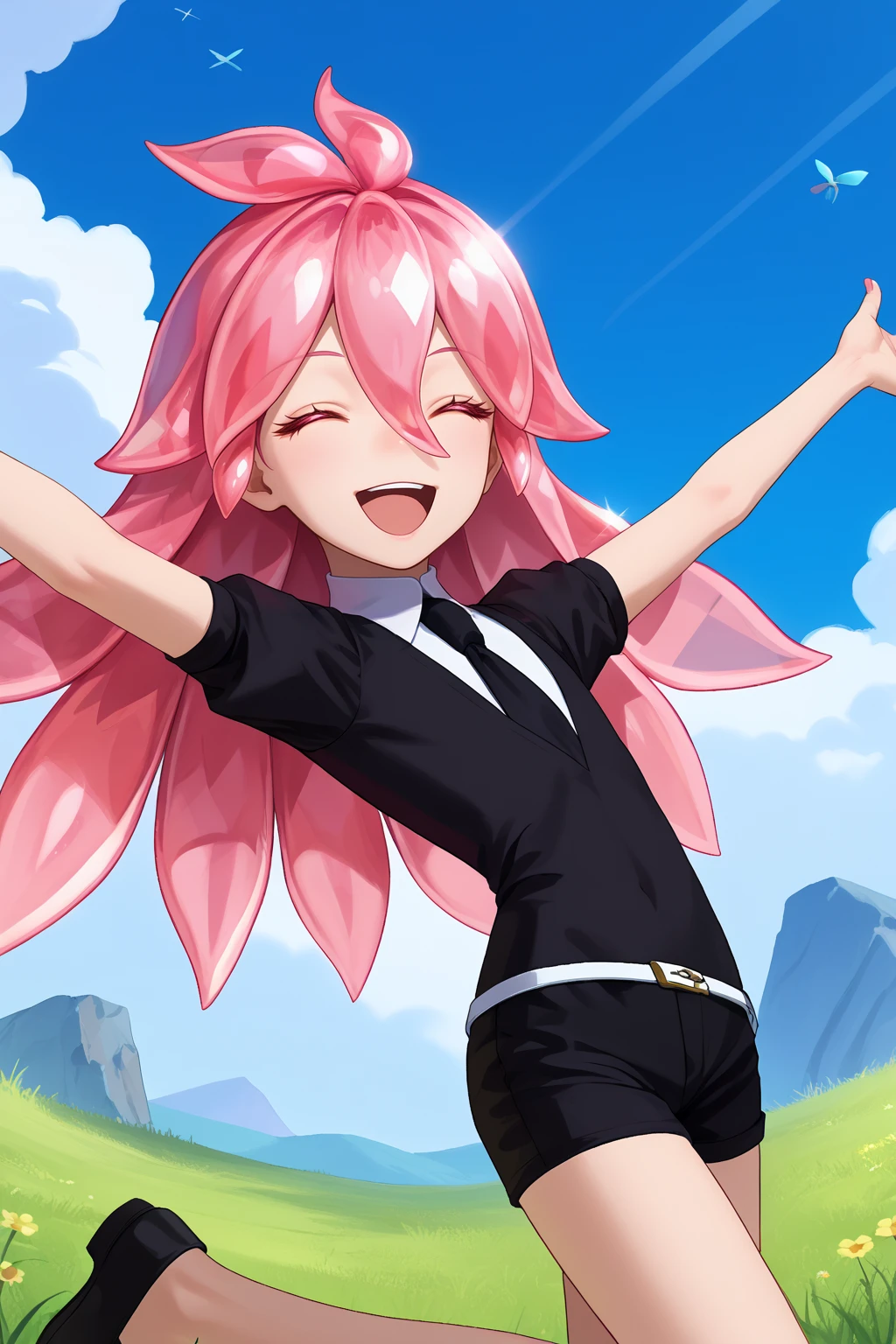 score_9, score_7_up, source_anime, cowboy shot, closed eyes, smile, open mouth, morg, long hair, white skin, crystal hair, pink hair, pink eyes, hair between eyes, black shirt, puffy short sleeves, collared shirt, black necktie, white belt, black shorts, black footwear, spread arms, outdoors, grass, blue sky, <lora:Hoseki_HousekiNoKuni_Morganite_PDXL_v1:1>