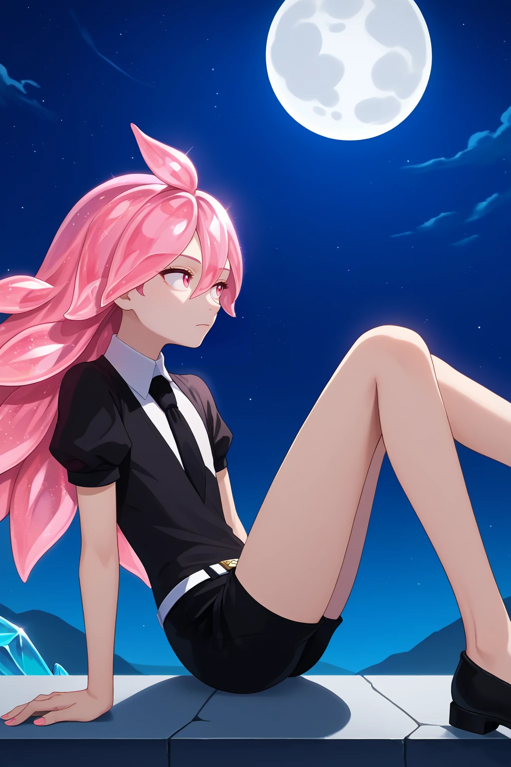 score_9, score_7_up, source_anime, from side, expressionless, morg, long hair, white skin, crystal hair, pink hair, pink eyes, hair between eyes, black shirt, puffy short sleeves, collared shirt, black necktie, white belt, black shorts, black footwear, sitting, outdoors, night, full moon, galaxy, <lora:Hoseki_HousekiNoKuni_Morganite_PDXL_v1:1>