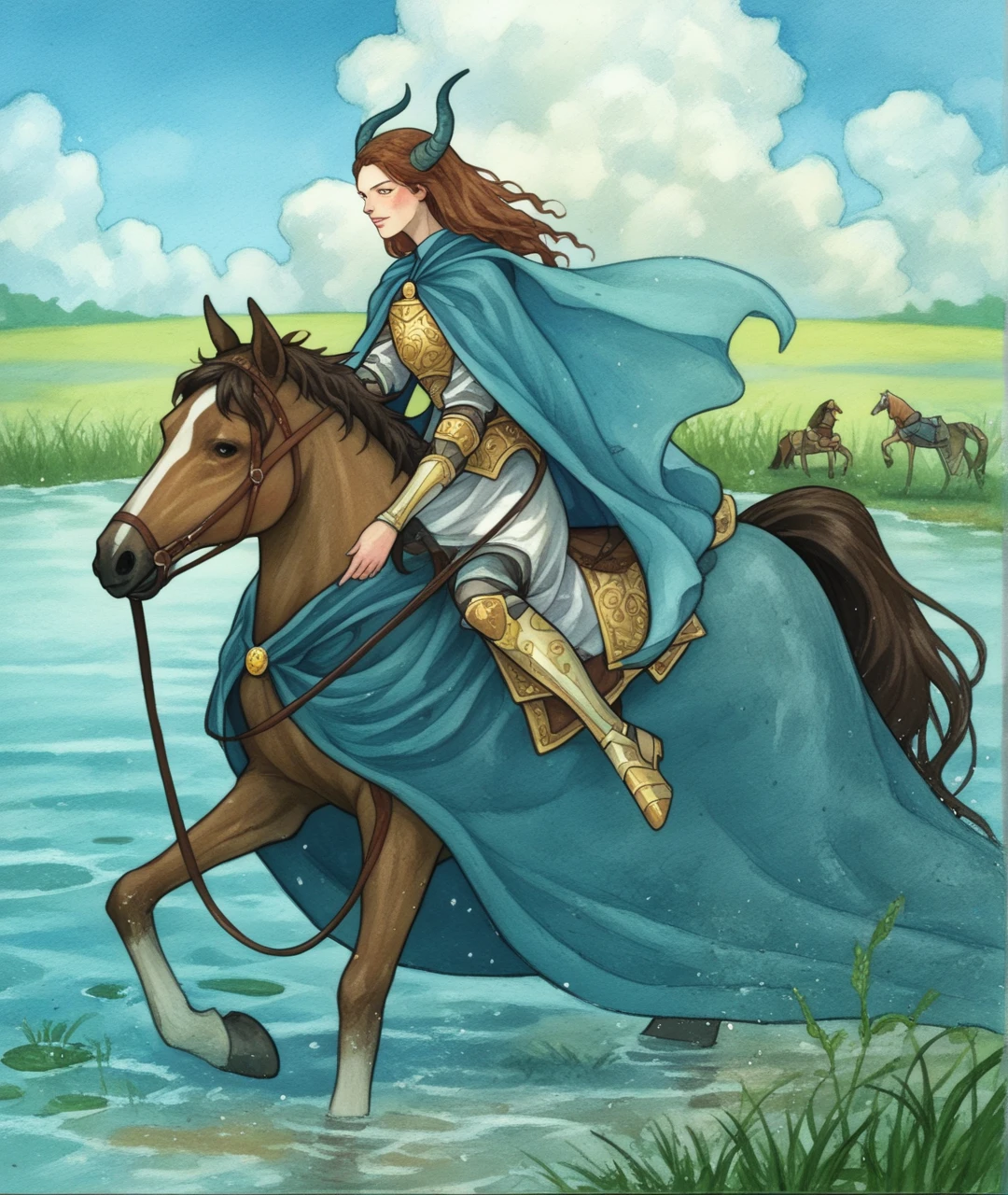 score_9, score_8_up, score_7_up, score_6_up,
BREAK
painting, (((medium))), watercolor, traditional media, cape, water, long hair, armor, horns, 1boy, grass, 1girl, brown hair, holding, multiple boys, riding, horse, reins, horseback riding, solo, fine art parody, blue cape, saddle, cloud
 <lora:RGv2:1>