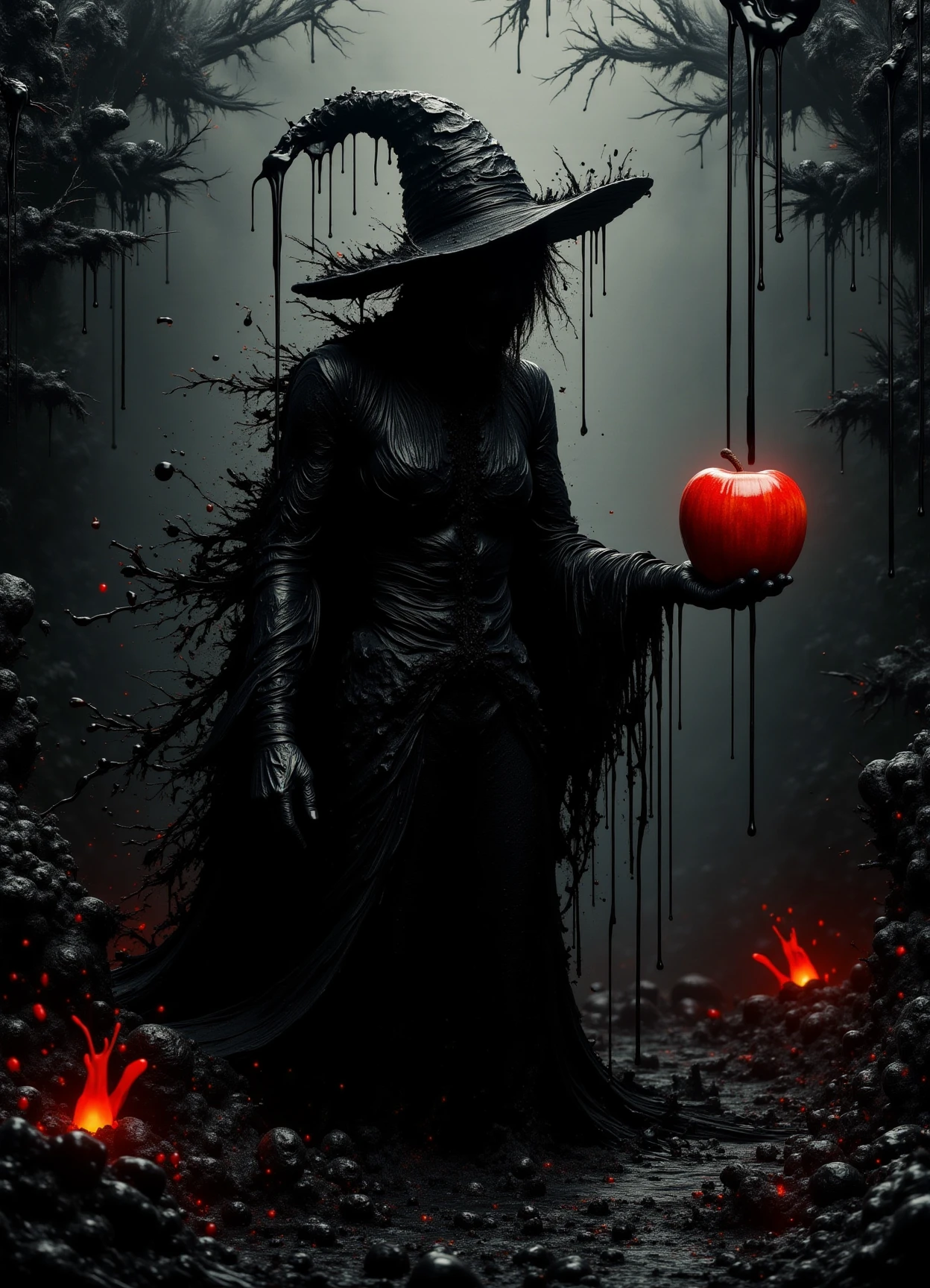 donmp41n717bl4ckfx sfw,digital artwork,   classic witch, spooky, spiderweb dip, tombstone spotlight, poison apple,, surreal, wet black paint