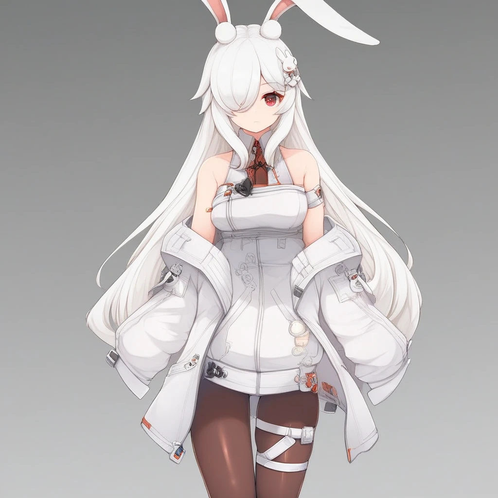 k1ra-ft, 1girl, animal ears, rabbit ears, red eyes, hair over one eye, long hair, jacket, white hair, off shoulder, pantyhose, thigh strap, bangs, white jacket, closed mouth, hair ornament, rabbit girl, bare shoulders