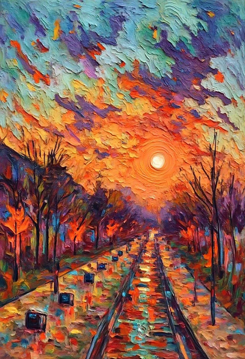 ImpressionistStrokes, Music, joy, and movement captured in vibrant streaks of colors, with the warmth of the setting sun casting an orange glow over the scene