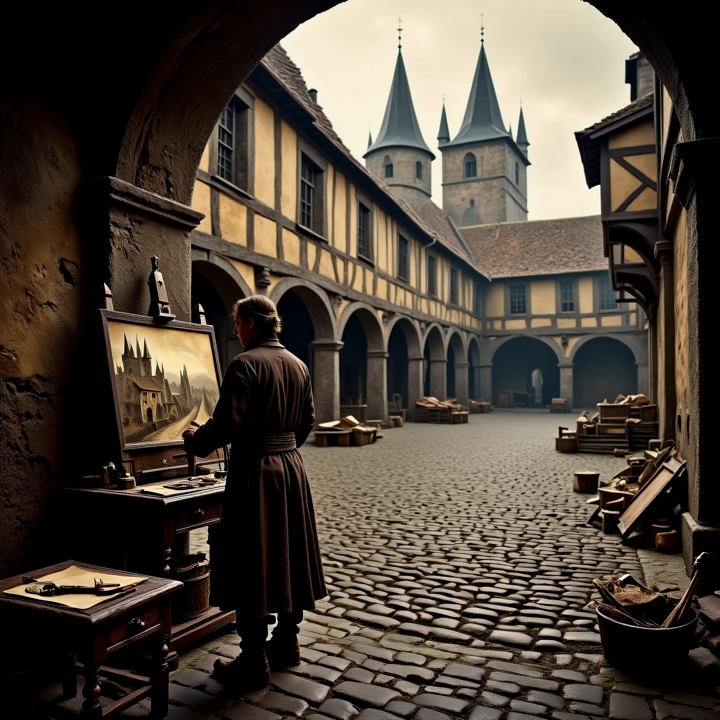 Outdoors. A master medieval artist painting at his easel, standing before his easel in a courtyard. Dressed in ancient robes. Painting a cathedral.
A courtyard. Cobblestones.
Atmospheric, moody, rustic. Dark.
mdvlCE
