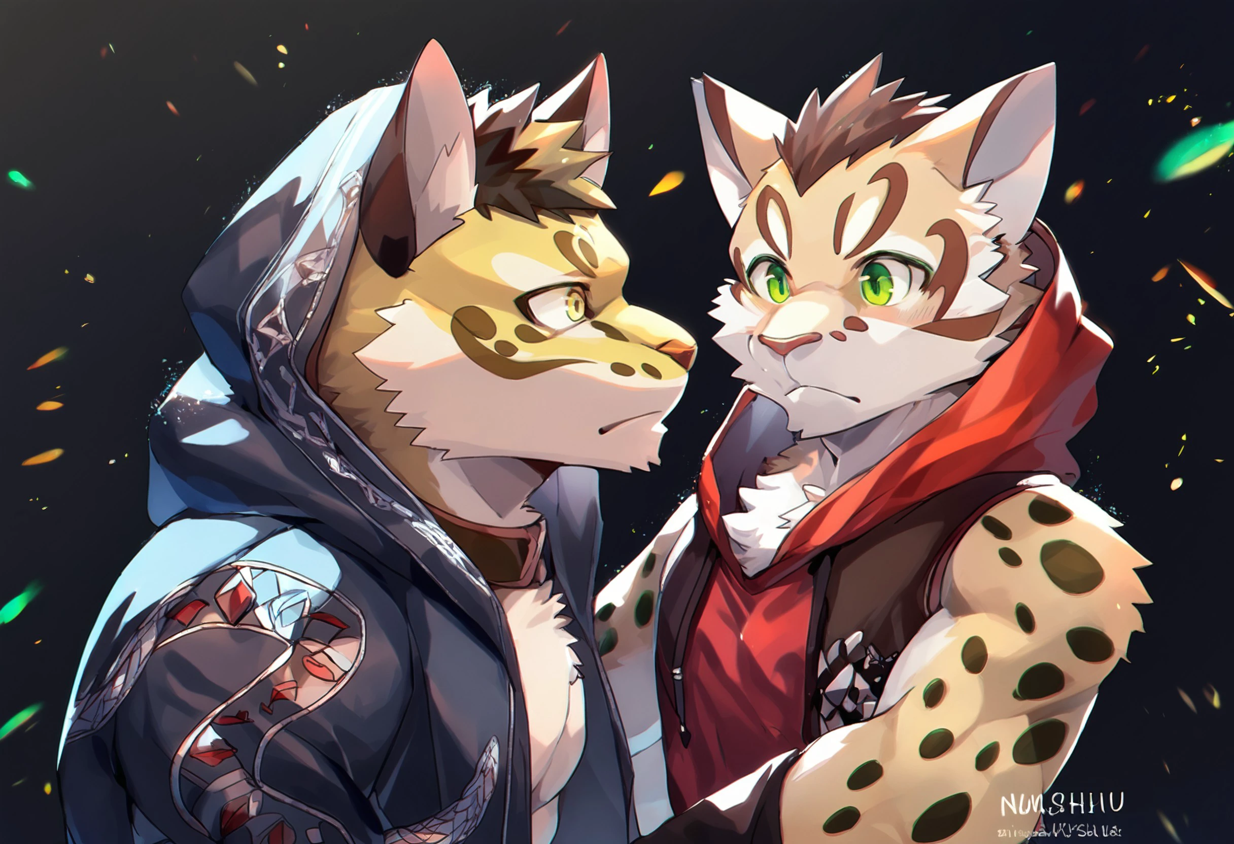 score_9,score_8_up,score_7_up, <lora:Nekojishi_PonyXL_rev2-000050:1>likulau+shu-chi,nekojishi+studio klondike,|||,anthro ,clothed ,clothing ,countershading ,duo ,fur ,green eyes ,hoodie ,male ,spots ,tattoo ,topwear,none,,clouded leopard+deity+felid+feline+leopard cat+mammal+pantherine+prionailurus,yellow eyes, simple background,light particles,