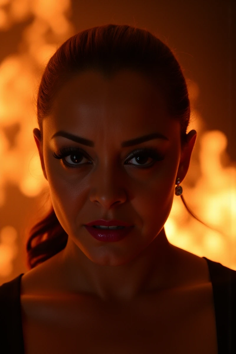 professional portrait of Liza Del Sierra as the female protagonist of a superhero movie, cinematic, flames and embers in the background <lora:Liza_Del_Sierra_Flux_Rapid:1.1>
