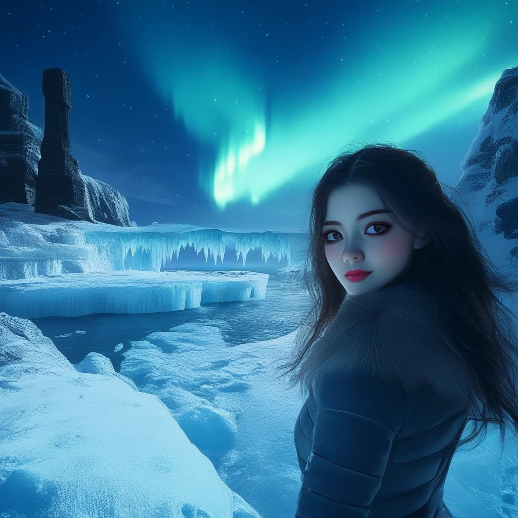 Scaislwanglamb, night, 1girl, posing while standing, beautiful, sky, outdoors, aurora