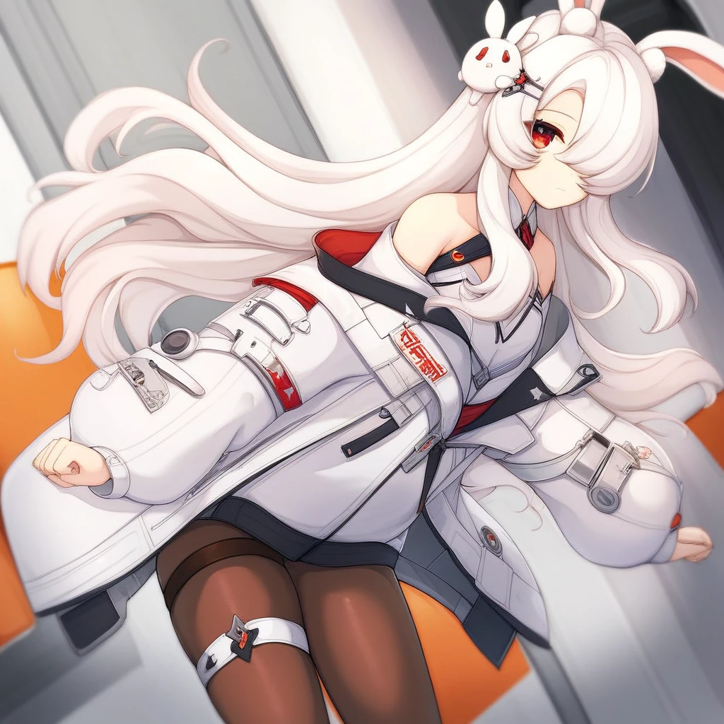 k1ra-ft, 1girl, animal ears, rabbit ears, red eyes, hair over one eye, long hair, jacket, white hair, off shoulder, pantyhose, thigh strap, bangs, white jacket, closed mouth, hair ornament, rabbit girl, bare shoulders