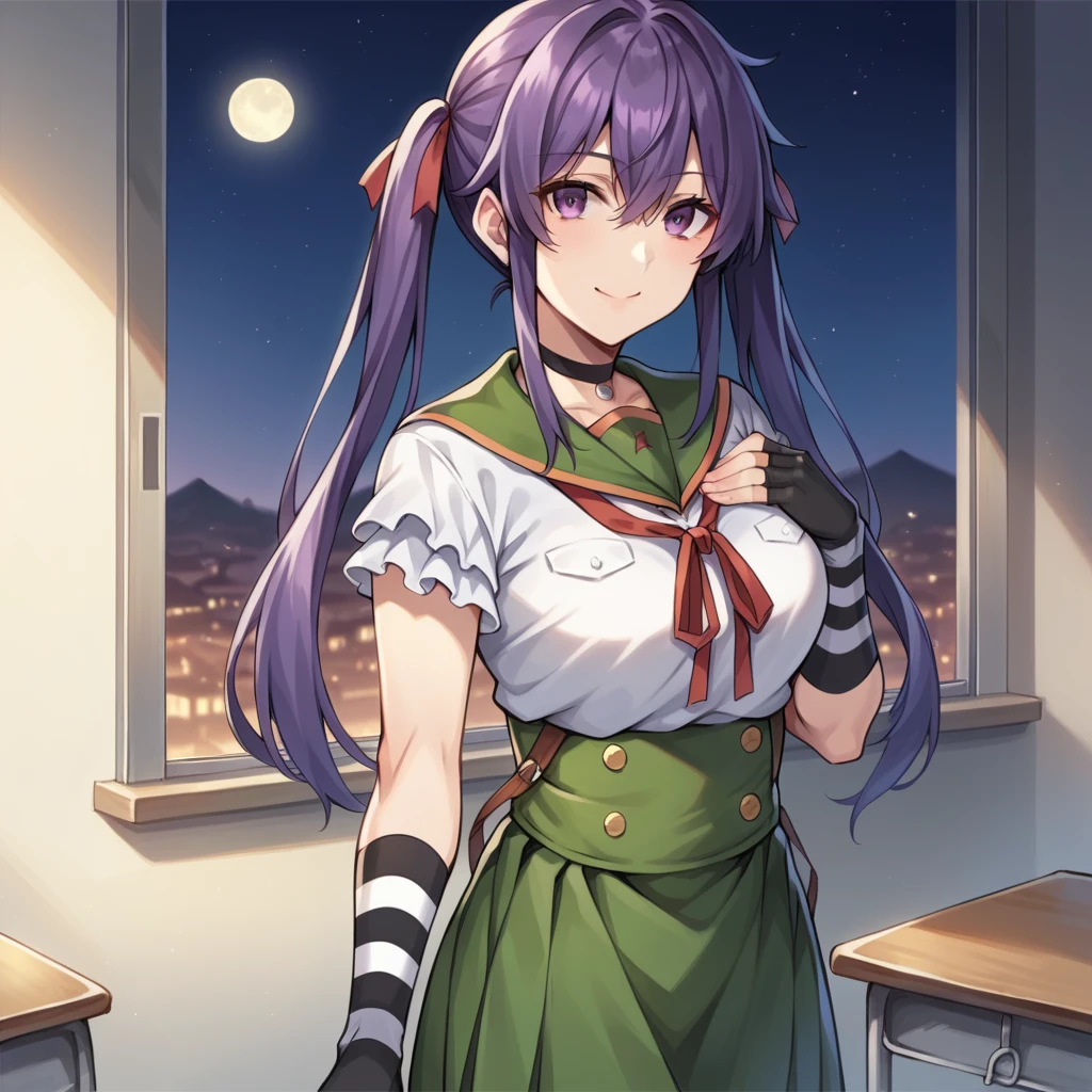 score_9_up, score_8_up, score_7_up, source_anime, masterpiece, best quality, 1girl, solo, Kurumi, moon light, starry sky, night sky, night time, no light, classroom,standing, hand on window sill, looking at you, hand on chest, gentle smile, long hair, twintails, purple hair, purple eyes, school uniform, high-waist skirt, green skirt, double breasted, white shirt, striped arm warmers, red ribbon, pleated skirt, short sleeves, green sailor collar, fingerless gloves, black choker, frilled shirt, neck ribbon, mature body, dynamic cowboy shot, indoors, classroom background