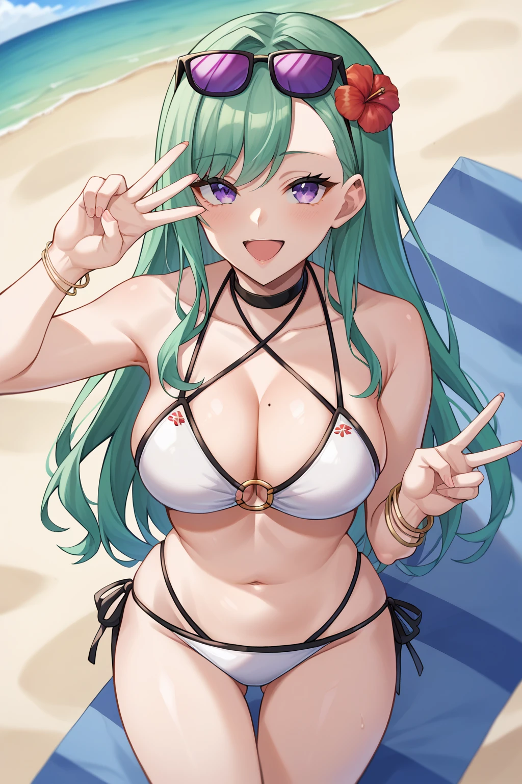 score_9, score_8_up, source_anime, 1girl, solo <lora:tharja-pdxl-nvwls-v1-000006:1> summerTh, two side up, hair flower, gold circlet, o-ring bikini, red bikini, black capelet, large breasts, holding bottle of lotion, white fluid on skin, parted lips, surprised, looking at viewer, beach, waves, black eyes