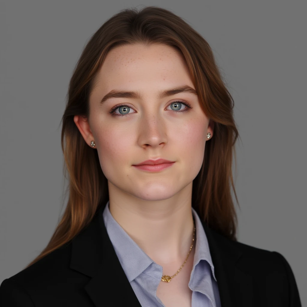 High quality passport photo of a woman wearing a suit and tie looking directly at the camera with her mouth closed and a neutral expression. She is also wearing a delicate gold chain and some understated diamond earrings. , <lora:Saoirse_Ronan_FLUX_v1-000037:1>