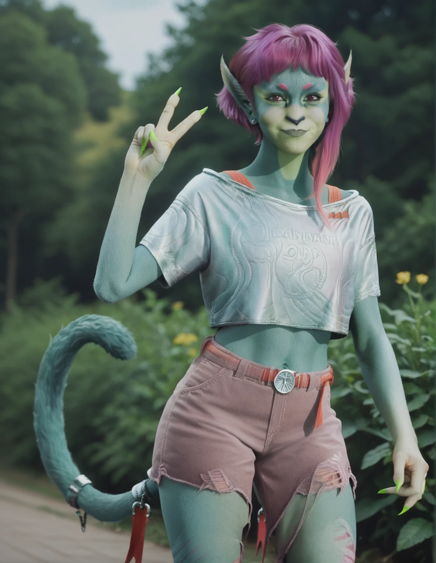 <lora:It-Z:01.3> itz, green skin, pointy ears, pink hair, furry skin, crop top, outdoors, tail, peace sign, shorts, thighs, score_9, score_8_up, score_7_up, score_6_up