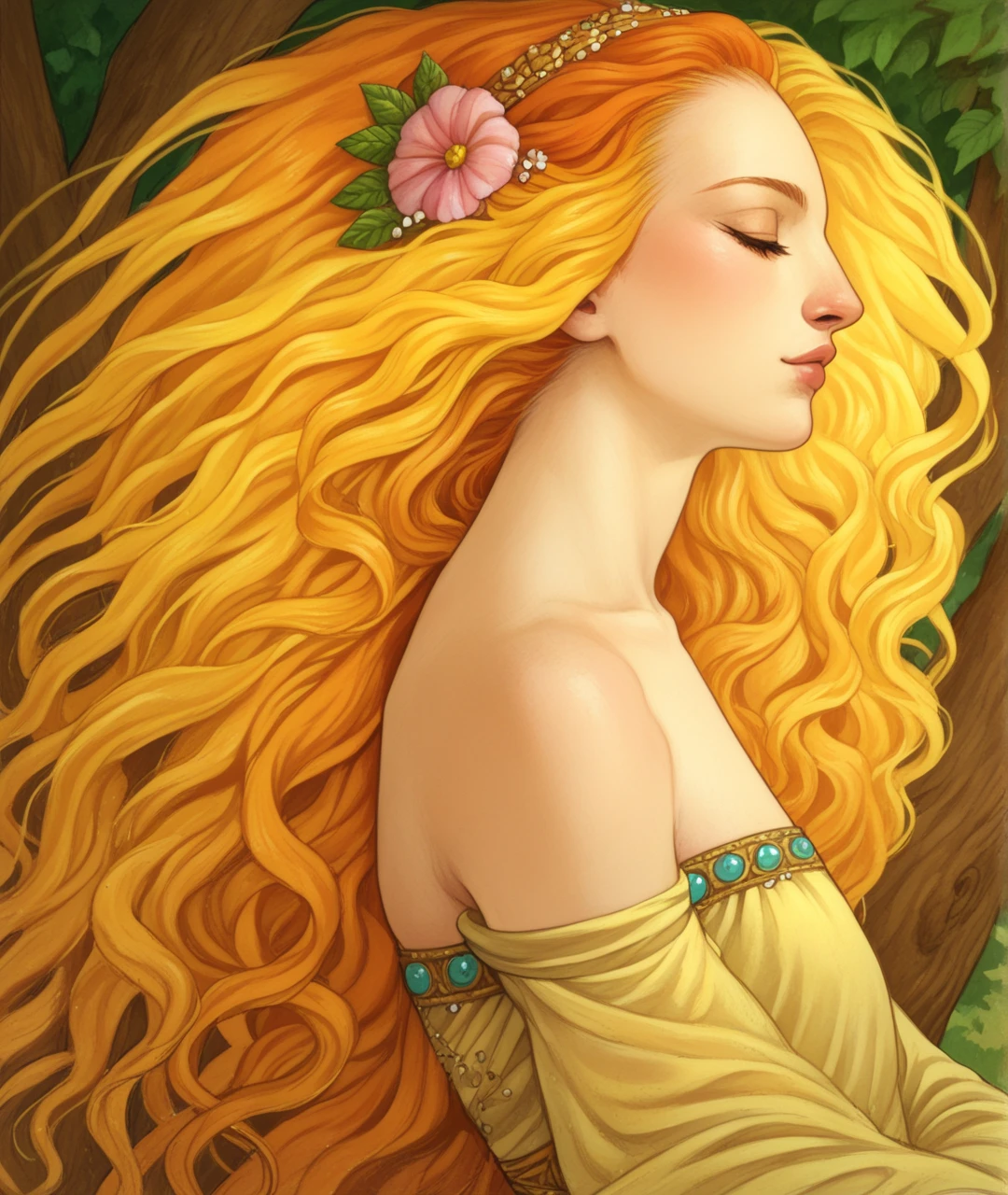 score_9, score_8_up, score_7_up, score_6_up,
BREAK
1girl, solo, tree, flower, long hair, profile, bare shoulders, traditional media, hair ornament, hair flower, dress, upper body, floating hair, orange hair, lips, painting, (medium), closed eyes, blonde hair
 <lora:RGv2:1>