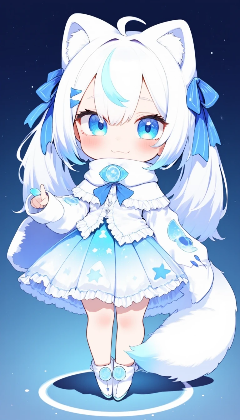 chibi girl, front view, .Anthropomorphized fox Girl:Pure white hair tied into high twin ponytails, with a blue sheen at the ends Blue eyes, like stars shining in the night sky White clothing featuring a blue glowing moon pattern on the chest A translucent fiber optic skirt with blue LED lights, mimicking the starry sky Light and semi-transparent white shawl embroidered with blue crescent moons and stars Two pairs of white fox ears and a long fox tail, with a blue LED light at the tip of the tail Boots adorned with blue fiber optics, giving a futuristic feel White fingertip touchscreen gloves.full body,chibi, sanrio style, flat 2D colour,hatyuuruinohito style,the0neulost