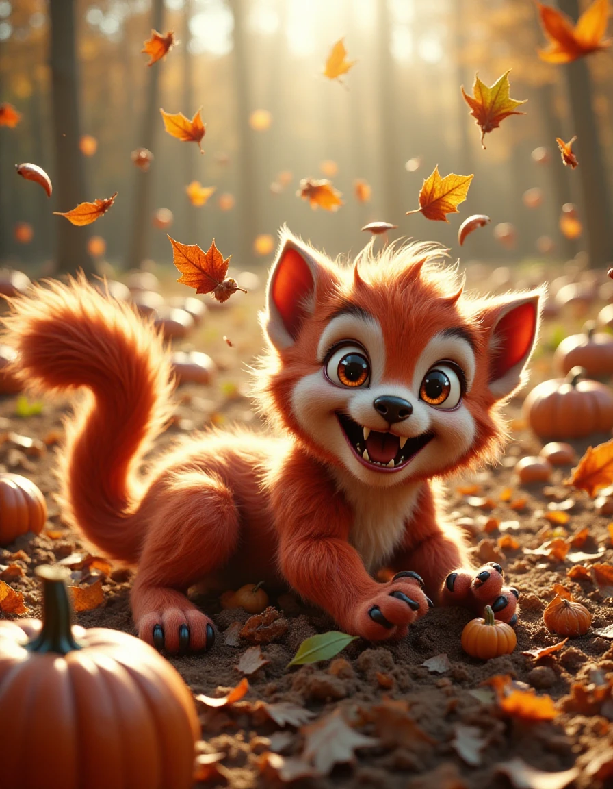 In the middle of a pumpkin patch on a crisp autumn day, the ral-werwulv is joyfully rolling around in a pile of leaves, its tail wagging as it throws colorful leaves into the air. Its fur is dotted with little bits of leaves, and a tiny pumpkin is stuck on one of its claws. The creatureâs wide smile and playful energy are contagious, as it dives into the leaf pile again, its big, round eyes sparkling with delight in the golden afternoon sun.
<lora:ral-werwulv-flux:1>