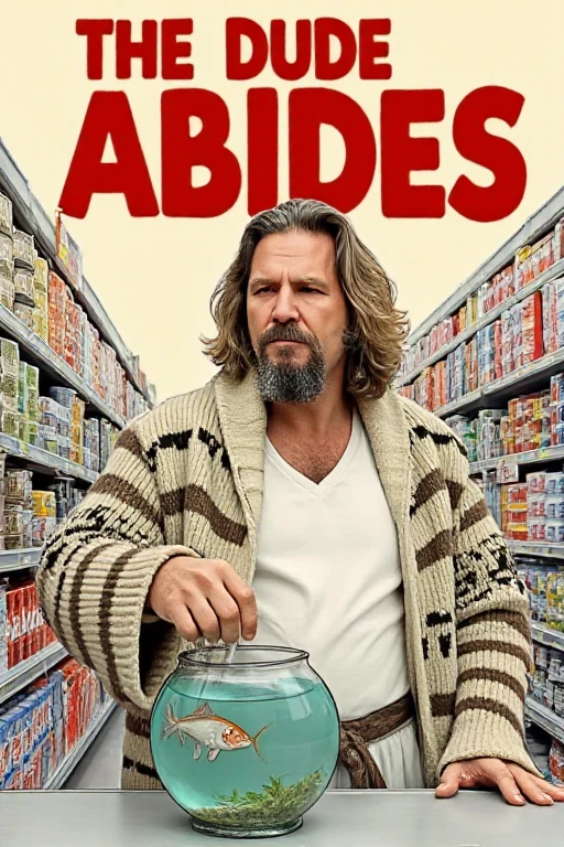 <lora:The_Dude_Abides:1> Cartoon Poster of a man drinking from a fish bowl in a supermarket wearing a bath robe, large red text "THE DUDE ABIDES"