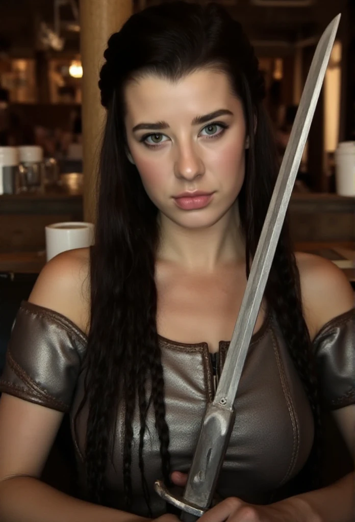 Sarah McDaniel has heterochromia and long dark completely braided hair. She is a viking warrior and wears a light armor and fur and leather. she holds a big sword in an viking tavern <lora:SarahMcDaniel:0.9>