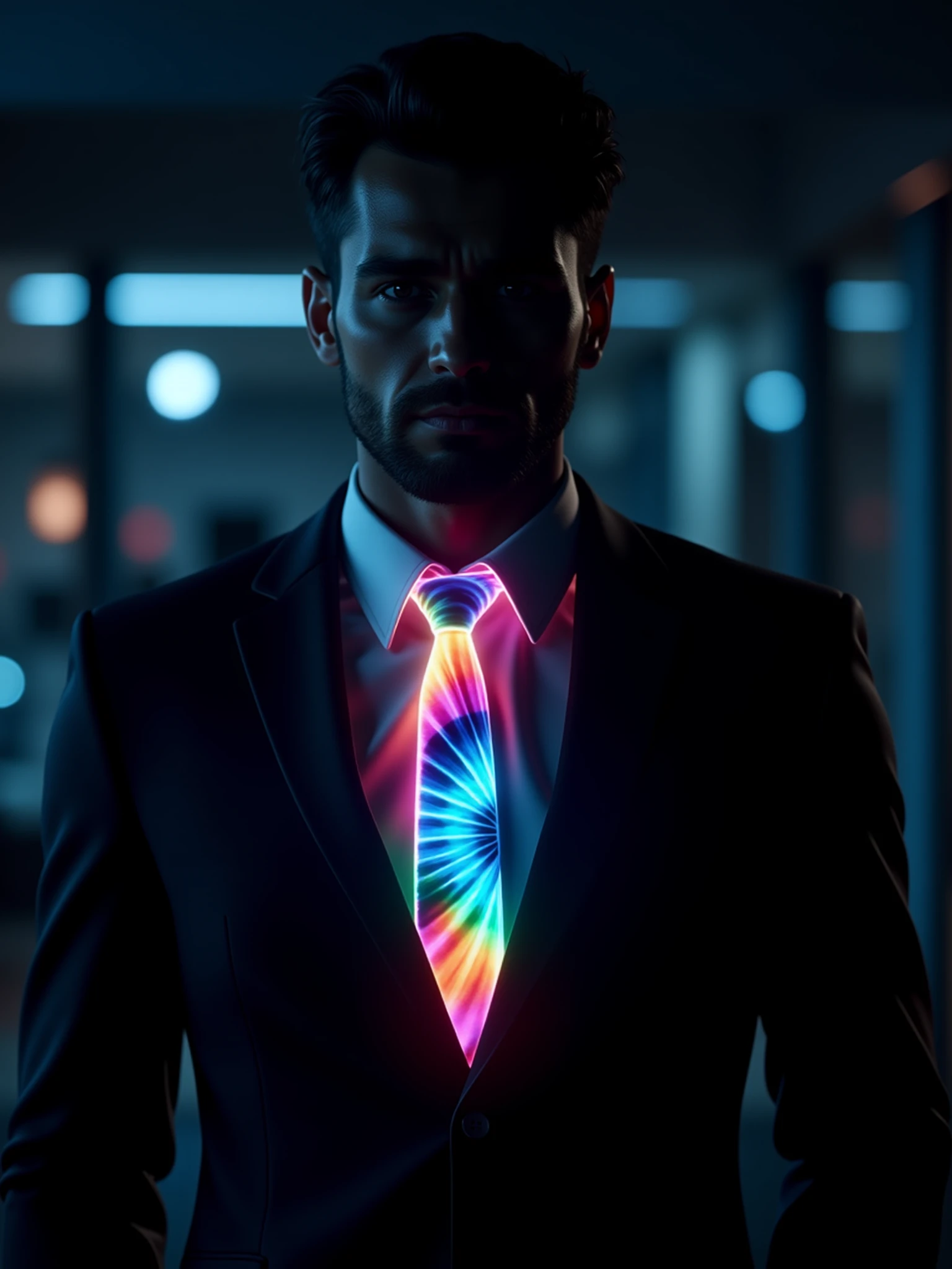 man wearing a glowing mad-glwngtdy necktie and white shirt and black suit in office   <lora:glowing-tiedye-flux:1>, night