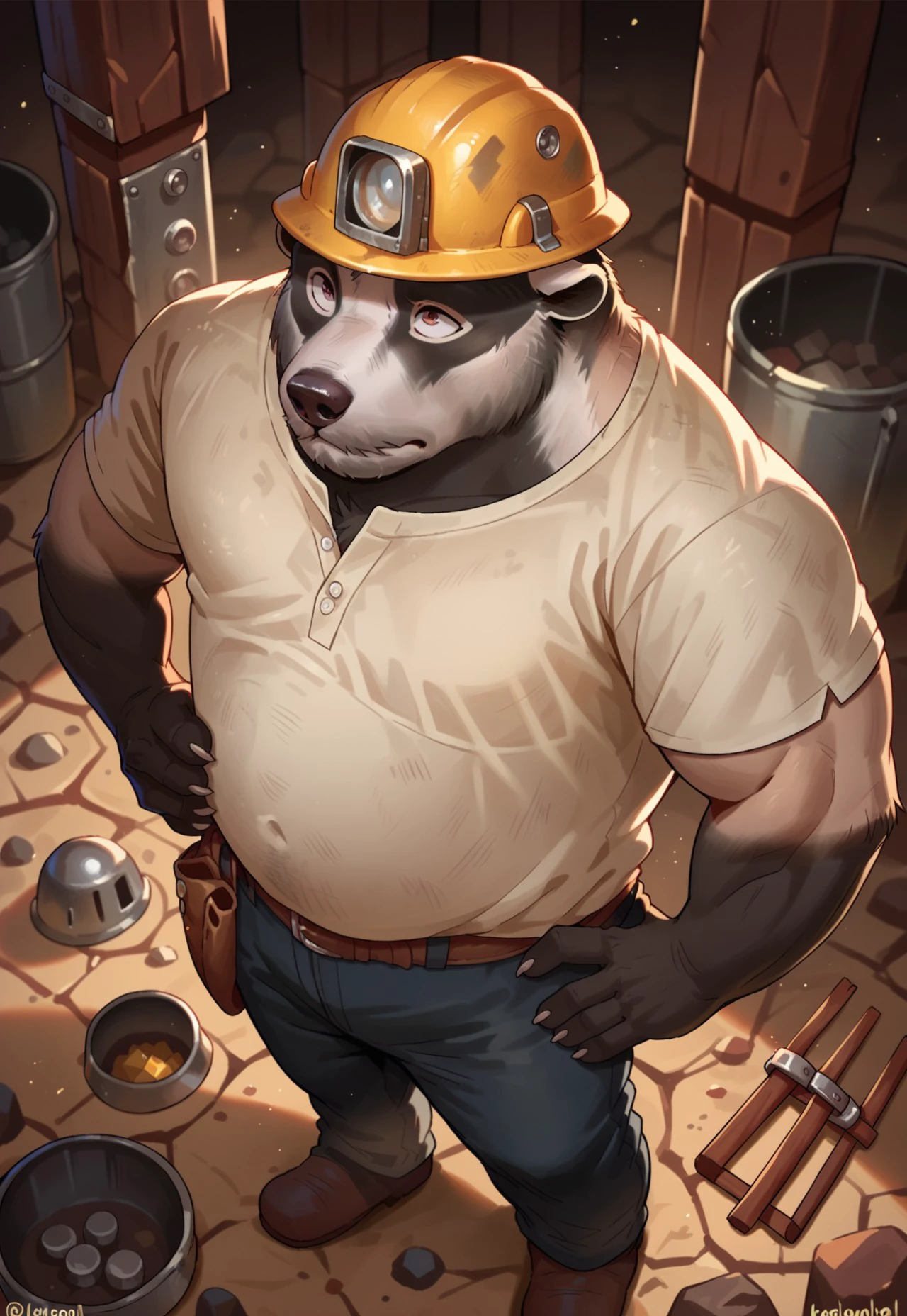 score_9, score_8_up, score_7_up, cartoon style, 2d, Nikolai Krol, badger, solo, brown eyes, shirt, pants, belt, mining helmet, musclegut, standing, looking up, in the mines, hand on hip, high angle view, 