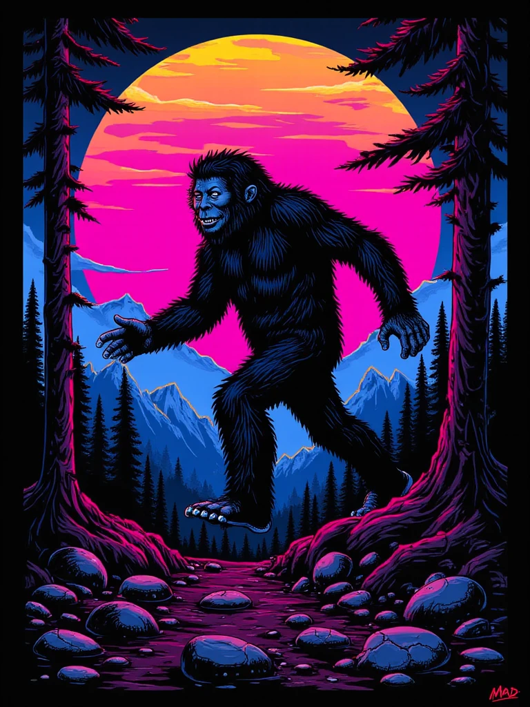 simple psychedelic style neon black light poster, bigfoot monster running through the mountain forest, (Mad Magazine logo on the moon:1.15)