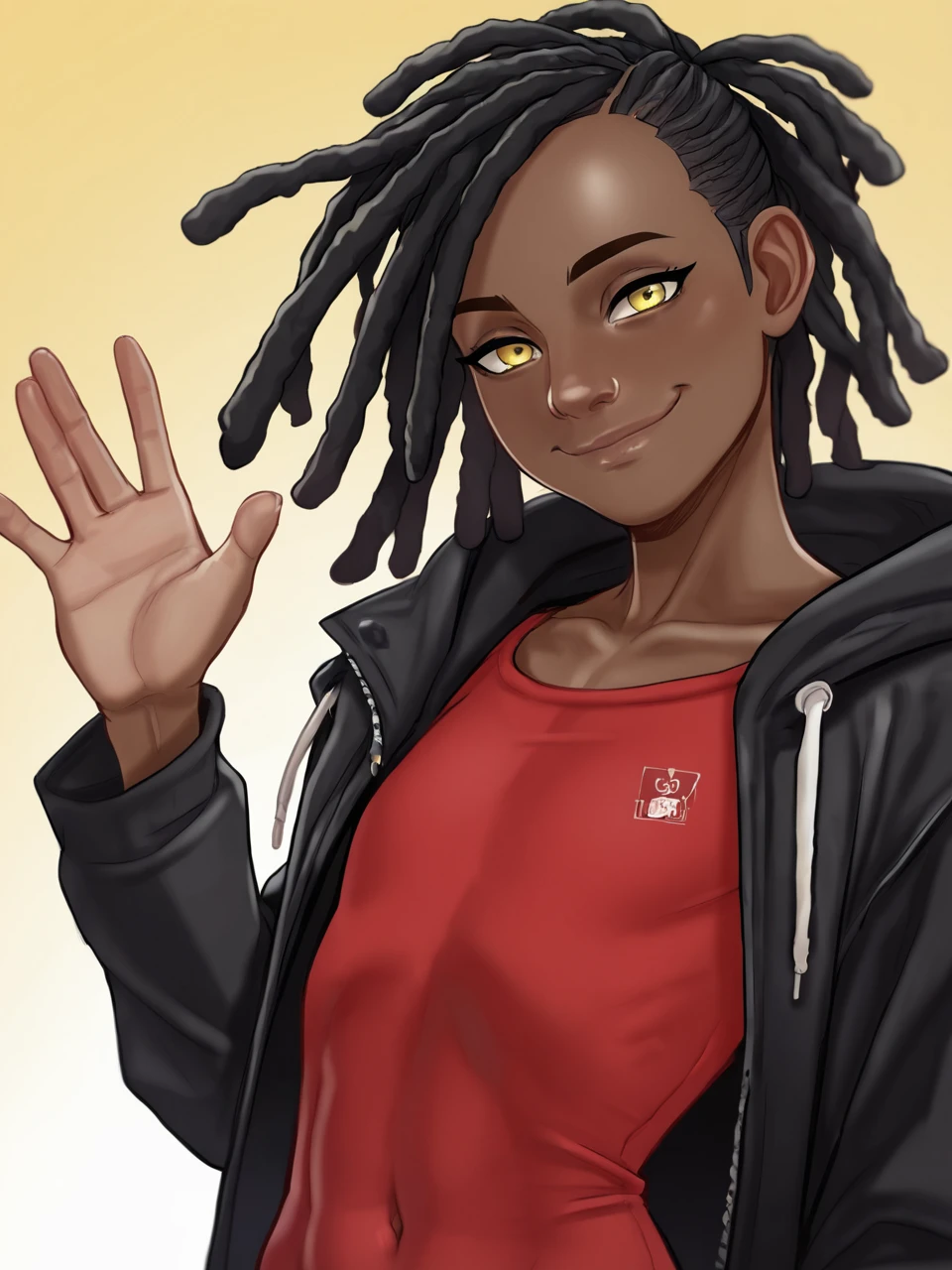 score_9, score_8_up, score_7_up,  score_6_up, BREAK, LilTaniyah, Andystyle, 1girl, flat chest, black hair, dreadlocks, dark skin, yellow eyes, closed mouth, smile, red shirt, black jacket, upper body, raise left hand, waving, looking at viewer  <lora:LilTaniyah:1>