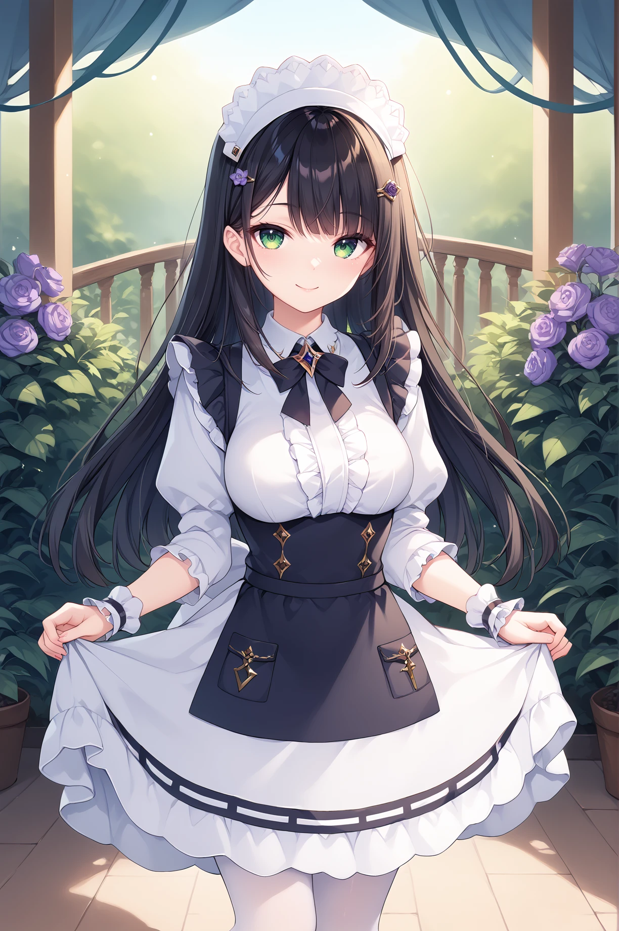 score_9, score_8_up, score_7_up, score_6_up, score_5_up, score_4_up,anime source,
 ensemble style, sumire(ensemble),1girl,green eyes,black hair,long hair,purple flower hairpin,bangs,,smile,
 maid(FF14), maid, frilled dress, frilled sleeves,juliet sleeves, wrist cuffs, apron,white pantyhose,
garden,dress lift,white dress,black apron, <lora:SumireXLPony-000009:1>,<lora:FF14MaidXLPony:1>