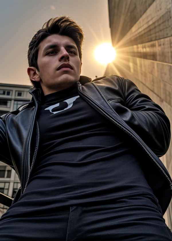 <lora:LATIN:0.8> 1boy, male focus, solo, realistic, guy wearing leather jacket, graphic t-shirt, black jeans, chelsea boots in a empty street, golden hour , sharp focus , masterpiece , infectious, From Below <lora:LCM_LoRA_Weights_SD15:1> AnimateLCM_sd15_t2v_lora,  8k, portrait, best quality <lora:detailSliderALT2:0.8>