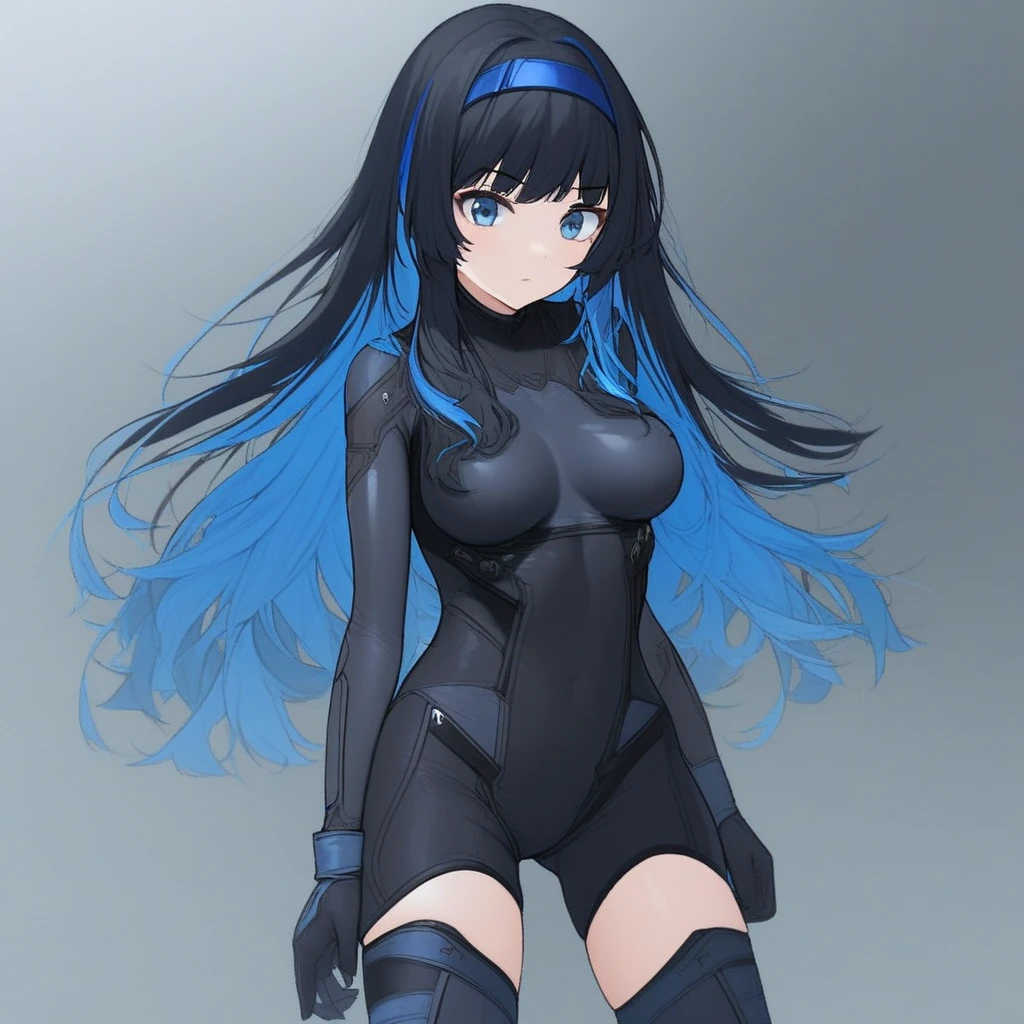 xiva-ft, 1girl, , black hair, long hair, blue eyes, breasts, multicolored hair, blue hair, bangs, medium breasts, gloves, thighhighs, hairband, bodysuit